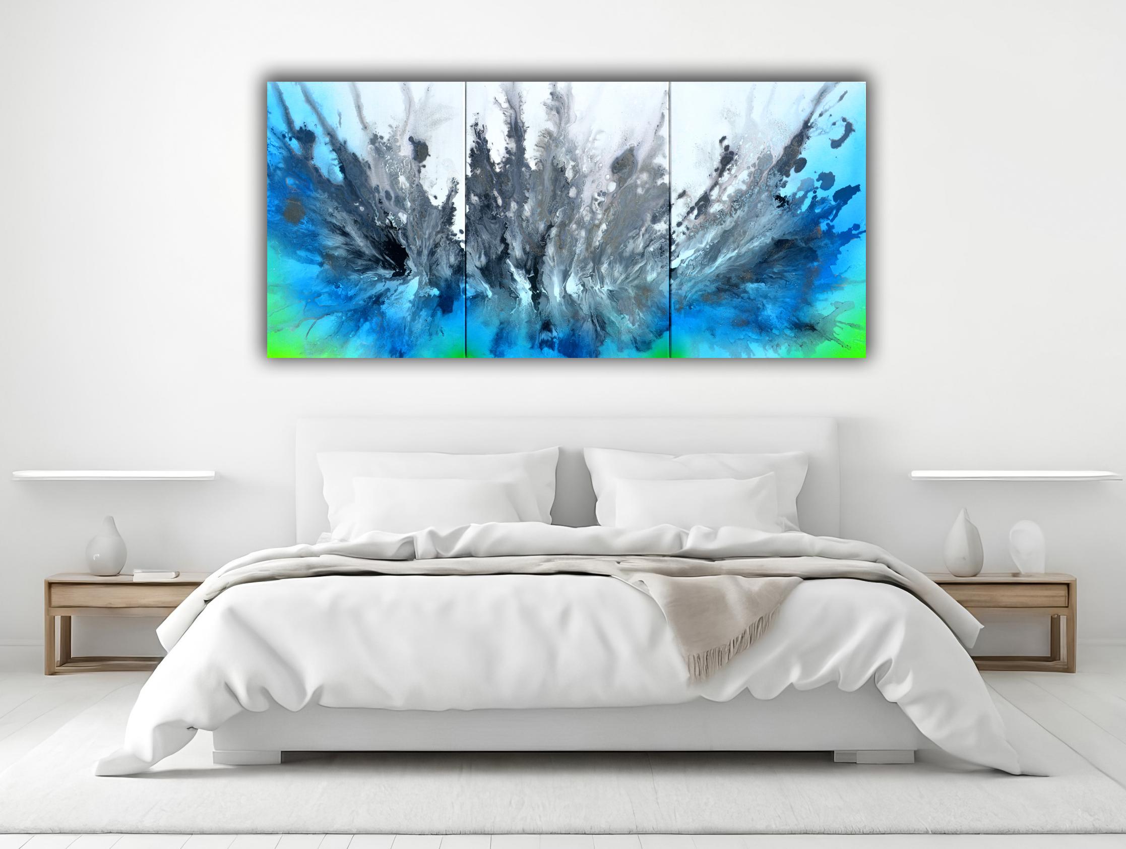 Original large abstract multi-panelled artwork READY TO HANG with the edges painted.
The technique I used is: stretched heavy canvases (3PCS) on wooden chassis and professional varnished acrylic pigments, metallic pigments (silver) as you can see in