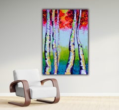 Autumn Magic Birch Forest Acrylic Painting, Abstract Style, Signed 2025