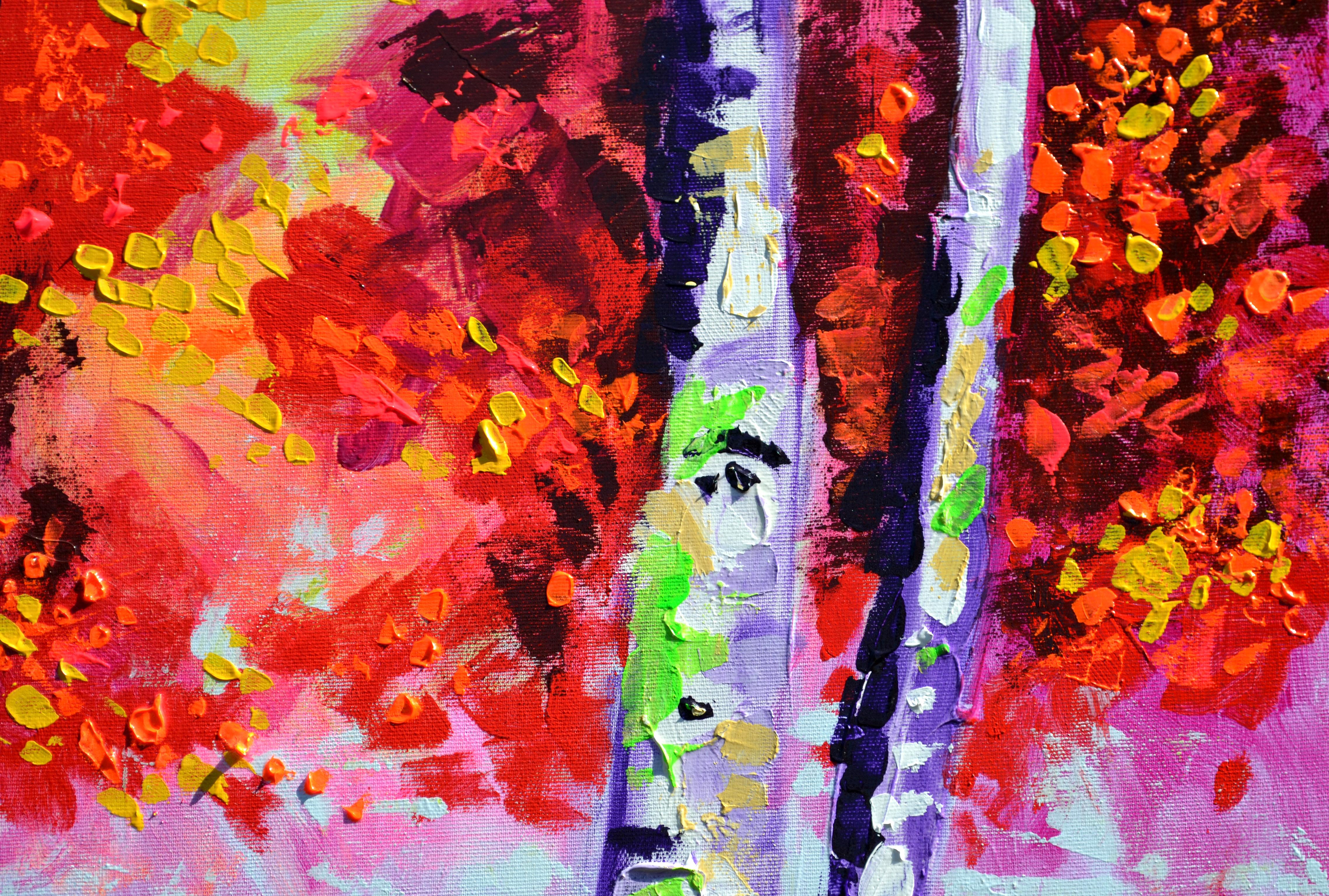 Autumn Magic Birch Forest - Gray Abstract Painting by SOOS TIBERIU