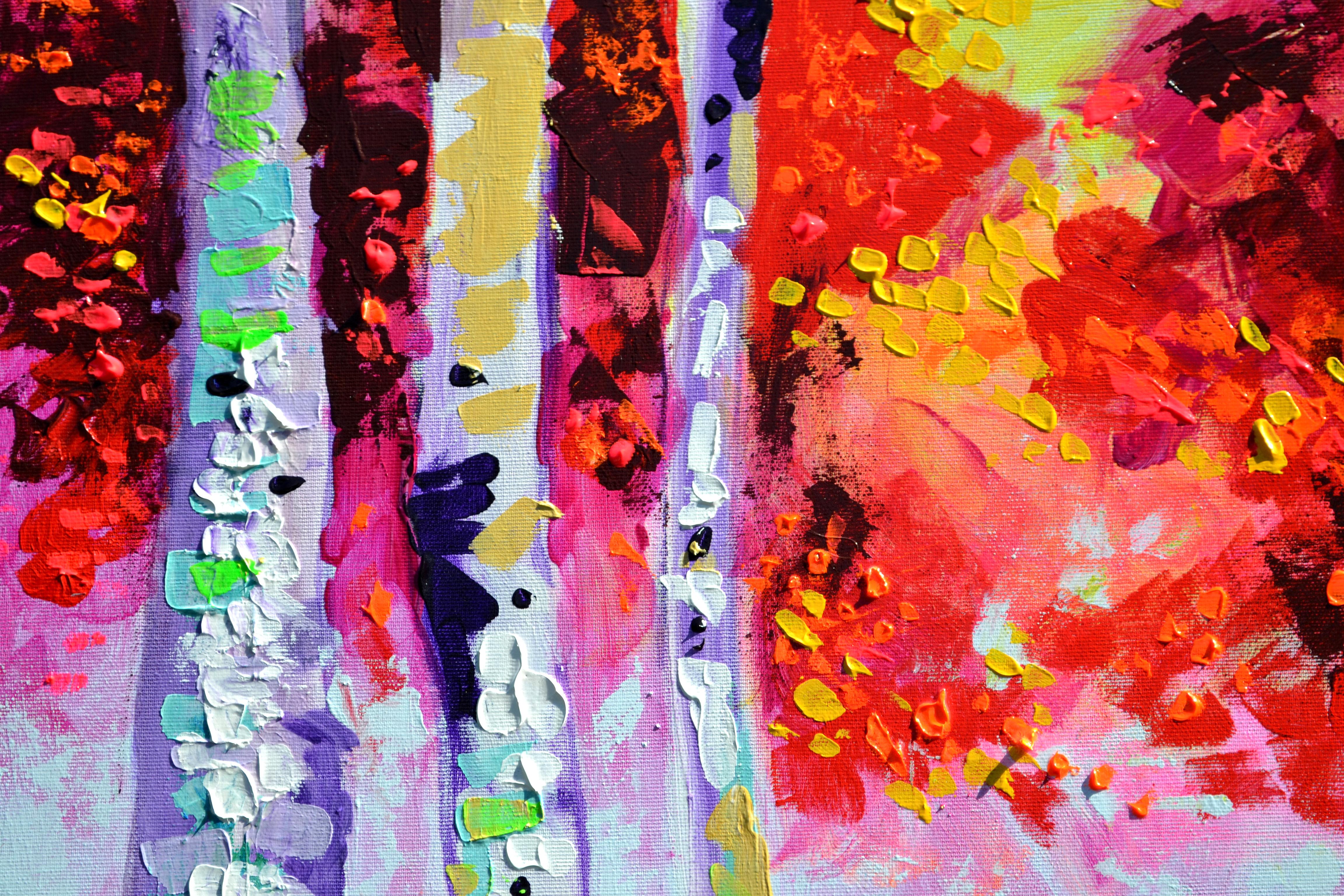 In this piece, I poured vibrant energy into birch trees glowing with fiery reds and purples, capturing the magical transition of autumn. Using acrylics, I layered bold, expressive strokes that dance between abstract and impressionist styles,