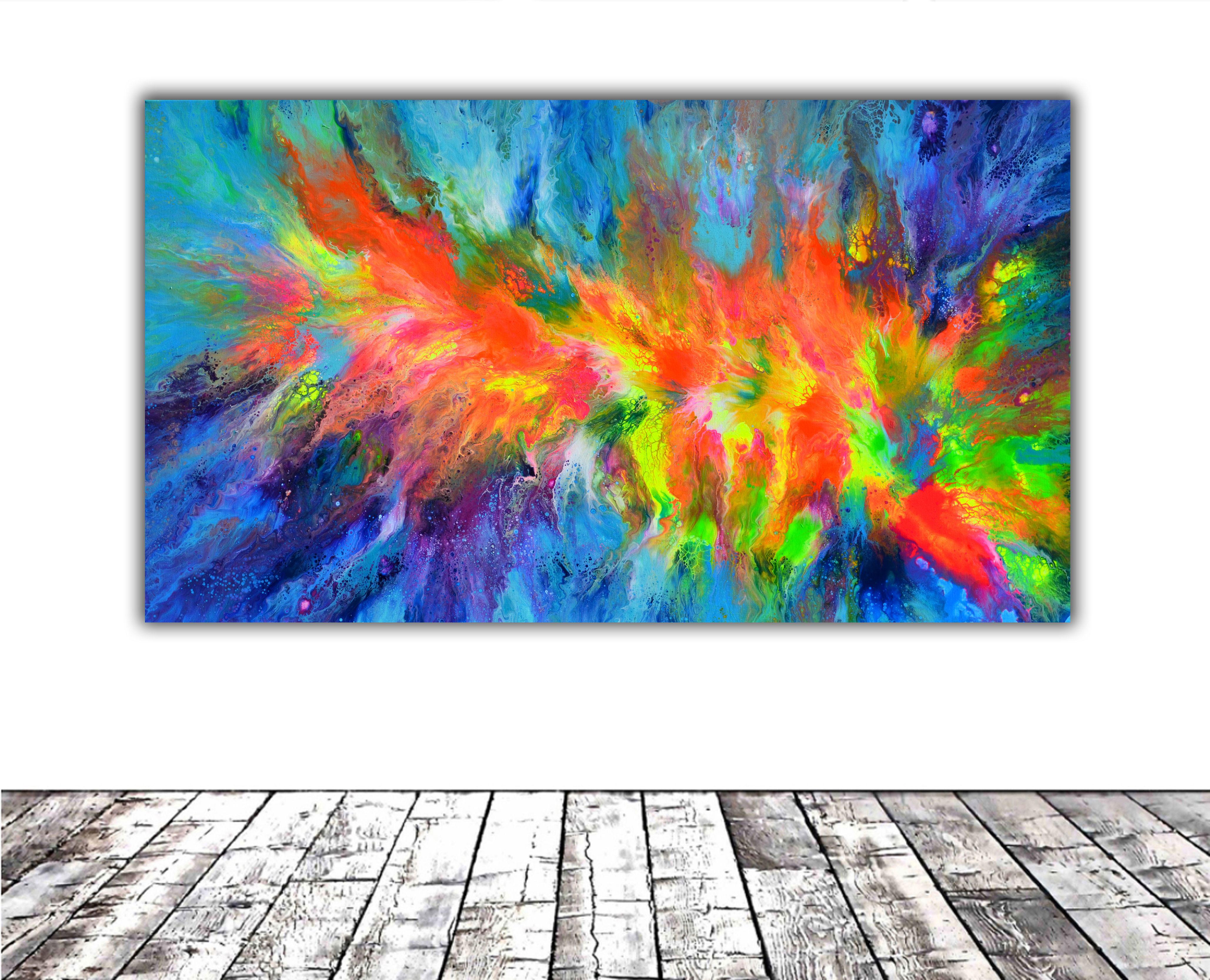 Ready to hang with the edges painted - 3D GALLERY QUALITY  Size: 140x80X4 cm, 55.12x31.5x1.6 inches.  A very colourful piece of art, as a focal point it will bring a large space to life. Some colours could not be caught by the camera.  Will be