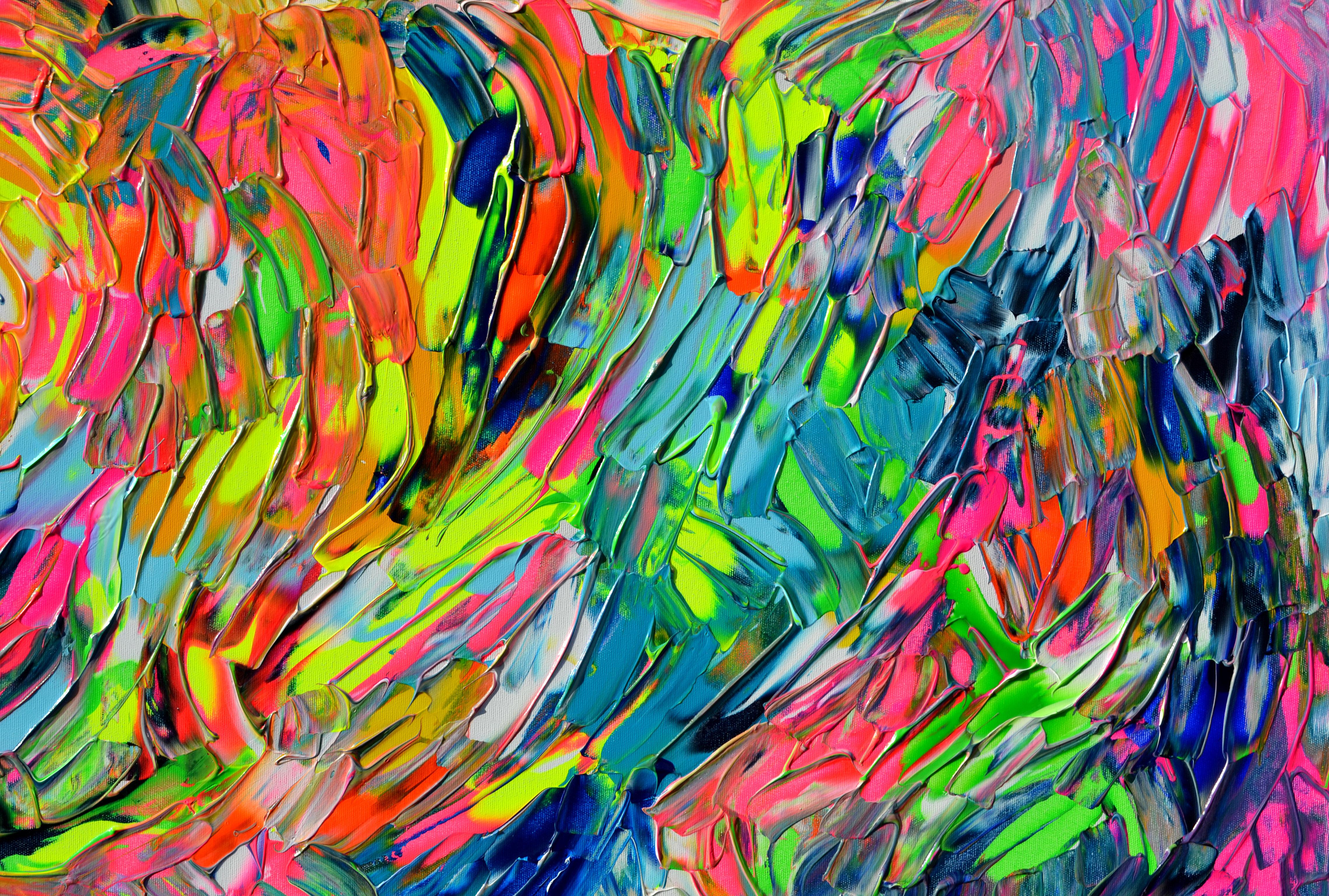 Für dieses wunderbare Gemälde habe ich Neon-Acrylpigmente verwendet, ohne mir Gedanken über die Komposition oder Farbgebung zu machen, und ich bin sehr zufrieden mit dem Ergebnis.

Ein wenig über mich: Was Sie vielleicht für einen Zufall halten, ist