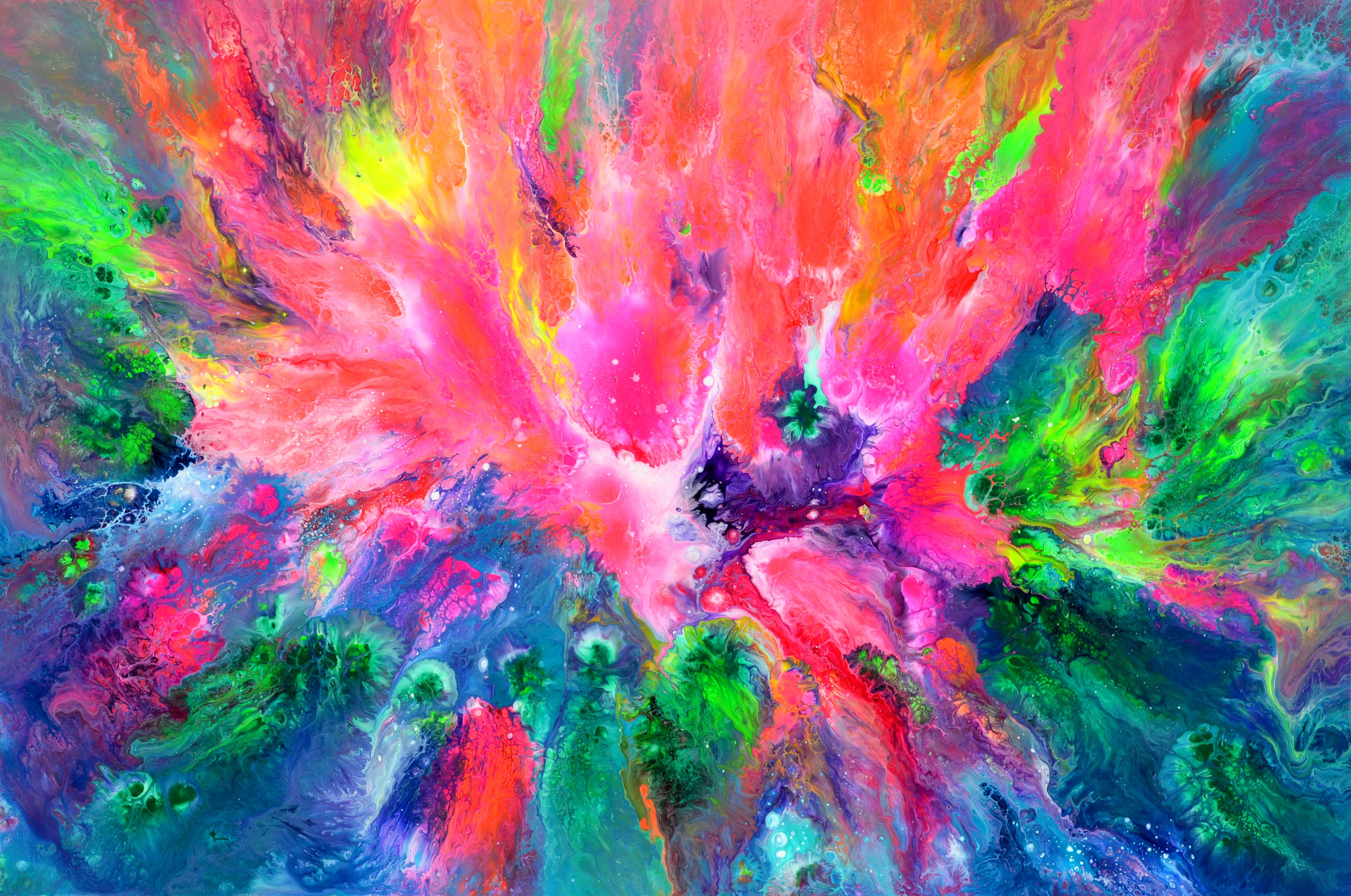 "Colorful Reverie" is a large abstract painting that will infuse your space with life. This original artwork is created with varnished fluid acrylics on a stretched canvas over a reinforced wooden chassis. Professional acrylic colors ensure lasting