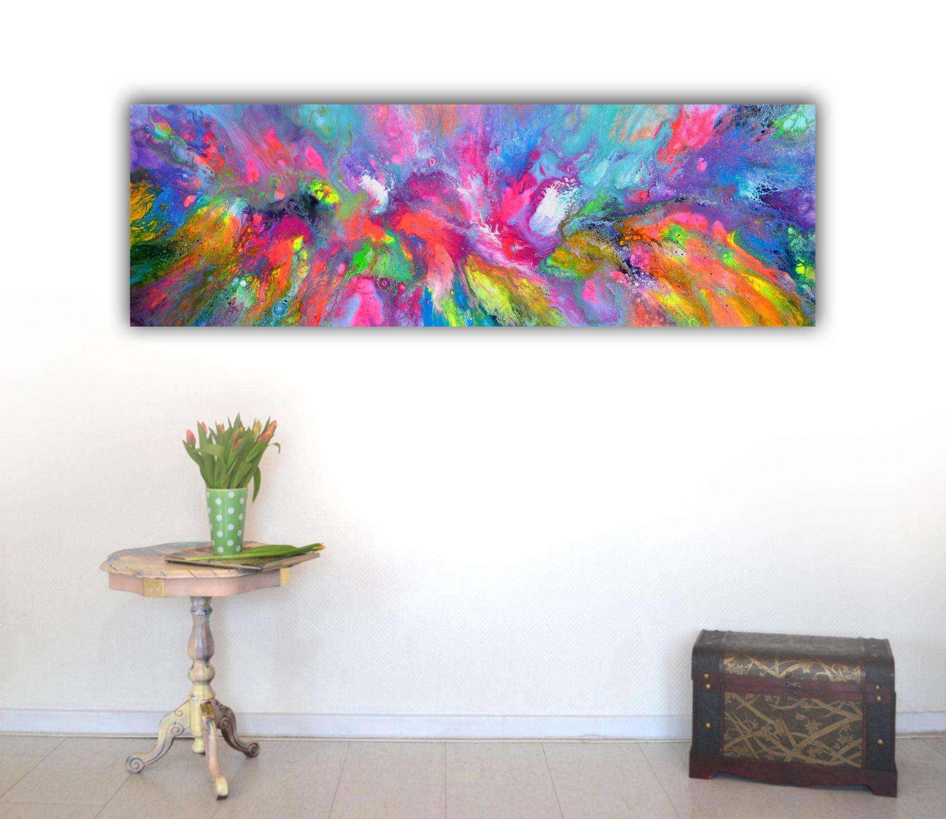 Ready to hang with certificate of authenticity. Dimensions: 120x40X2 cm - 47.3x15.8x0.8 inches. Some neon nuances could not be caught by the camera. The technique: colorful varnished fluid acrylics on stretched canvas on reinforced wooden chassis