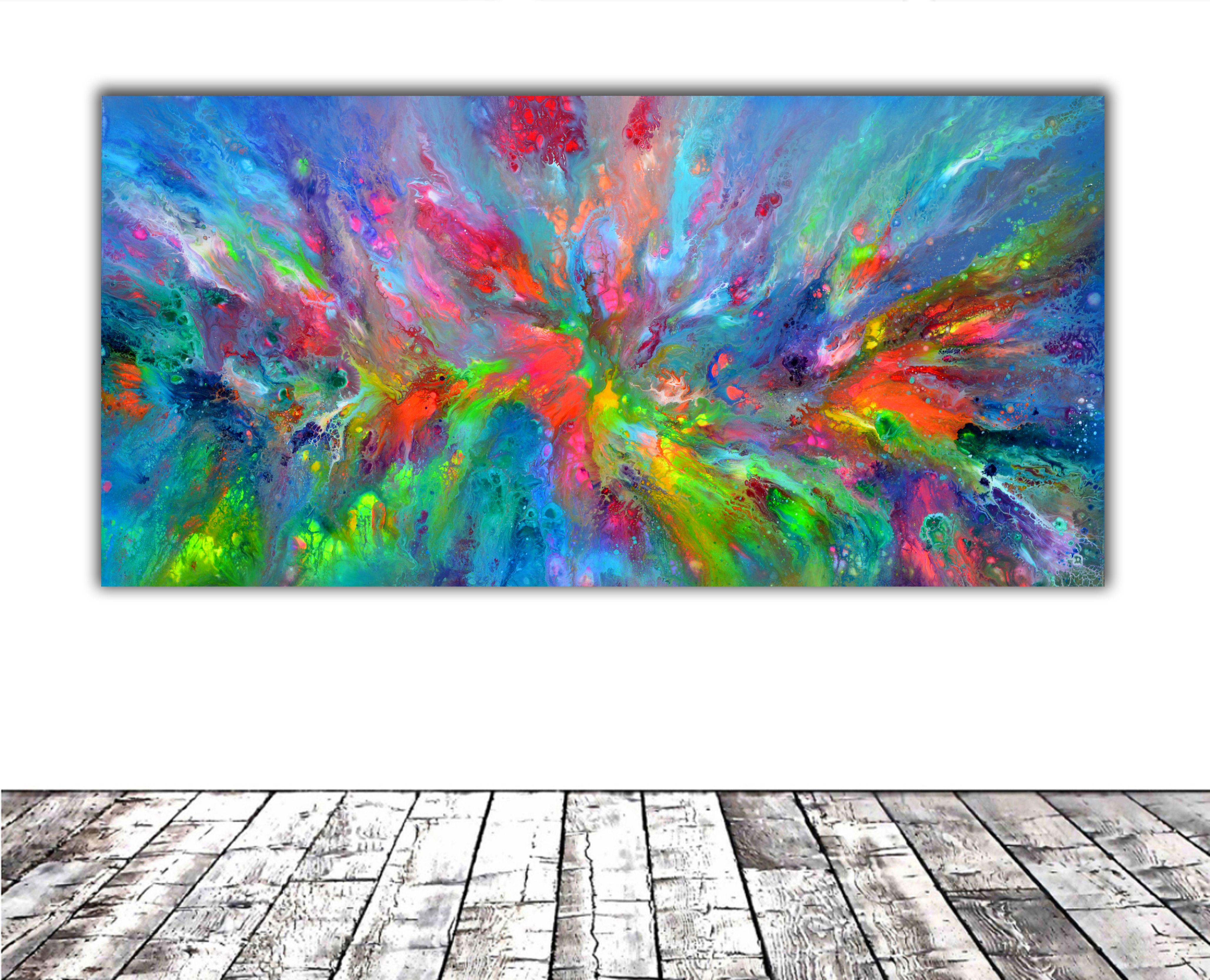 READY TO HANG - GALLERY QUALITY with the edges painted.  Dimensions: 160x80X4 cm - 63x31.5x1.6 inches.  Some neon nuances could not be caught by the camera.  I sign and date on the front and I also will put my relief signet on the back. I also