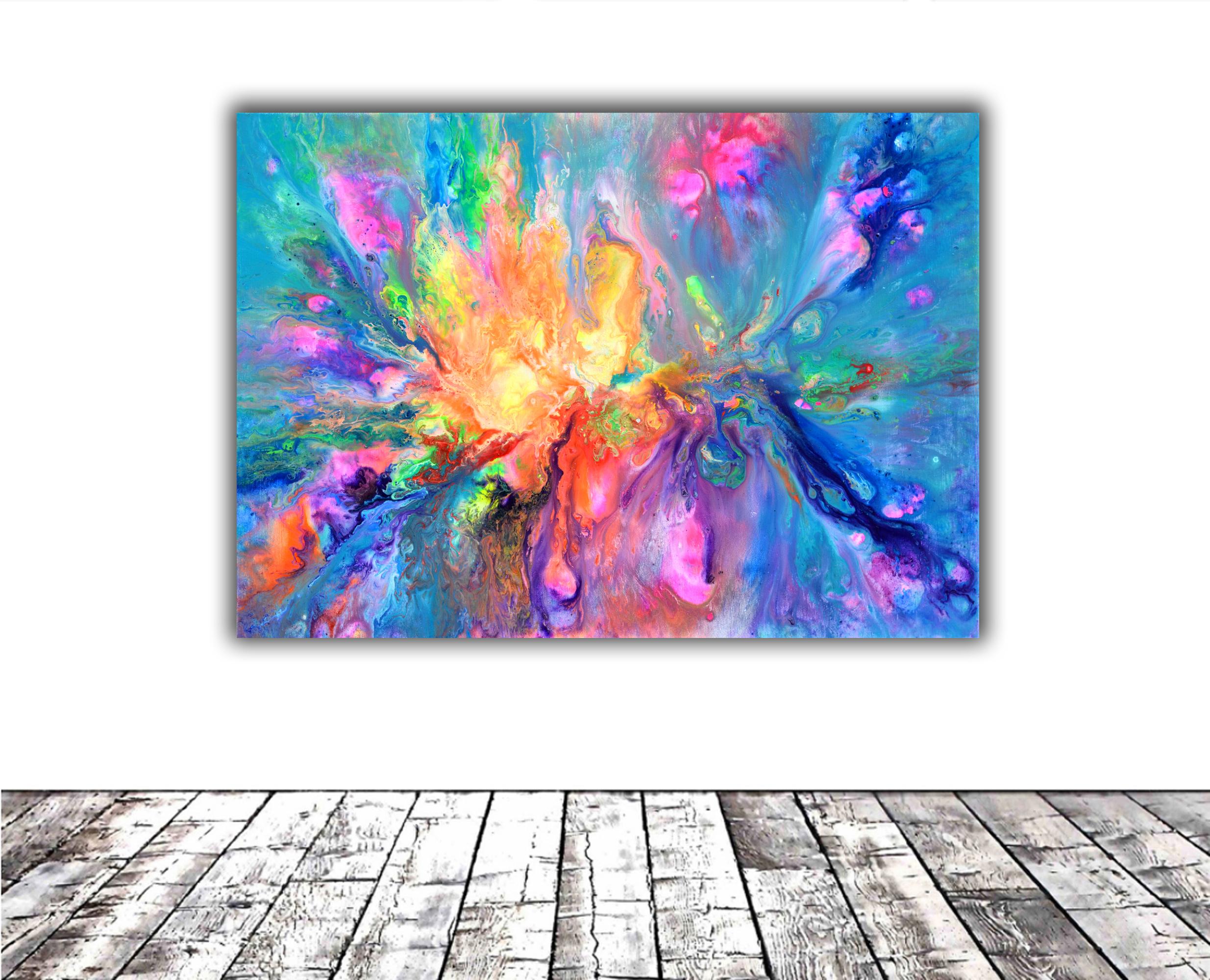 Flowing Energy 29 - Small Colourful Modern Painting - Blue Interior Painting by SOOS TIBERIU