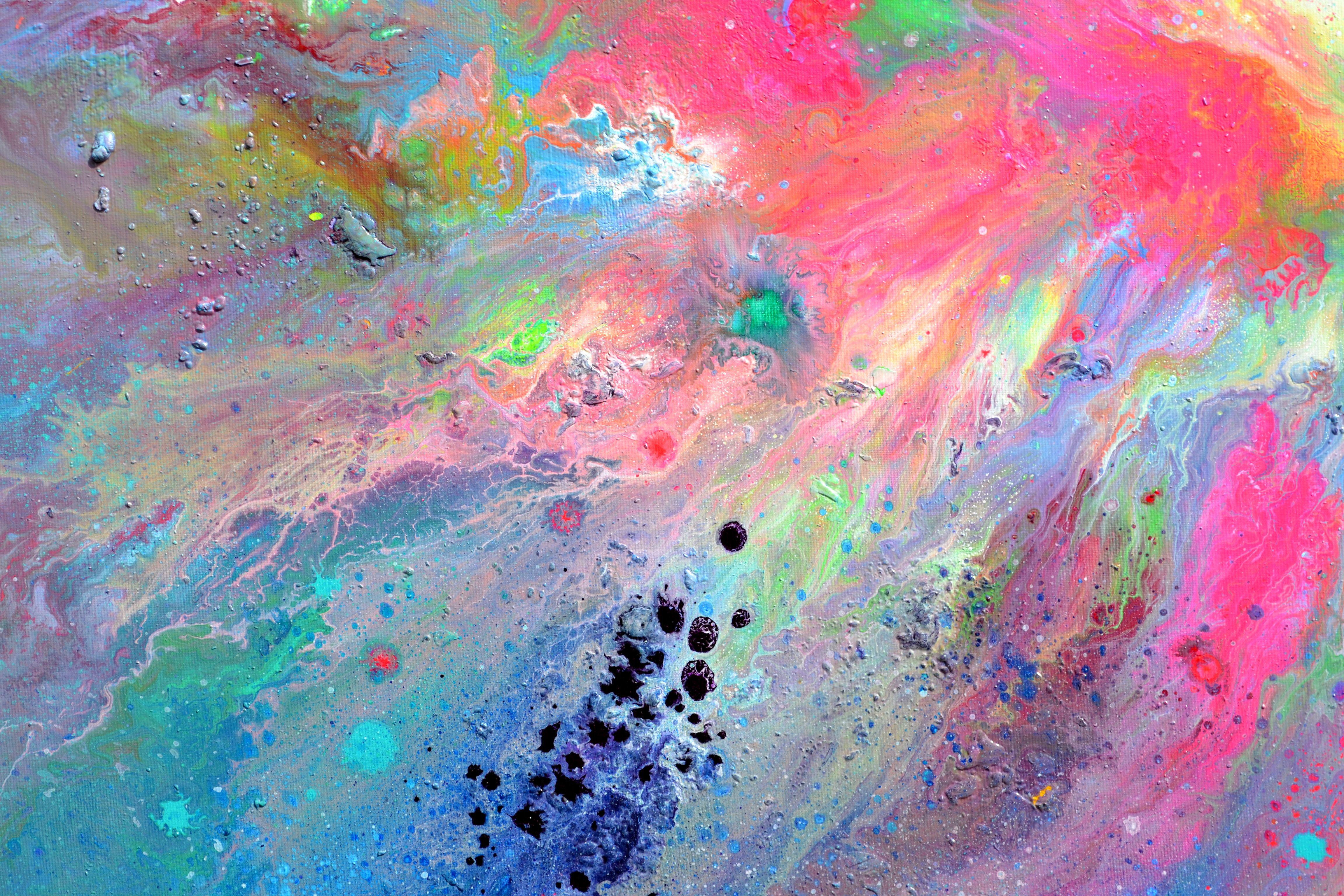 Ready to hang - gallery 3D quality with certificate of authenticity.  Dimensions: 140x80X4 cm - 55.12x31.5x1.6 inches.  Some neon nuances could not be caught by the camera. The technique: colorful varnished fluid acrylics on stretched canvas on