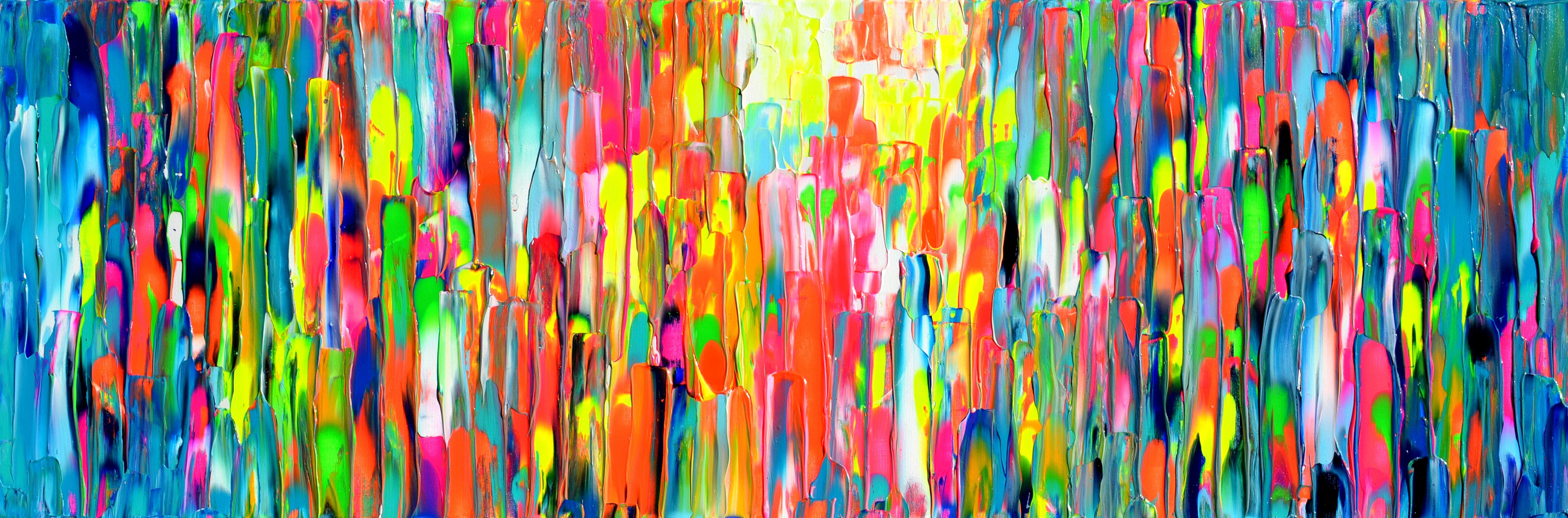 The technique I used: palette knife, professional varnished Amsterdam acrylic pigments, neon acrylics on stretched canvas. At the end I covered with a glossy coat of varnish, to protect it against UV and dust.
I used a decorative relief background