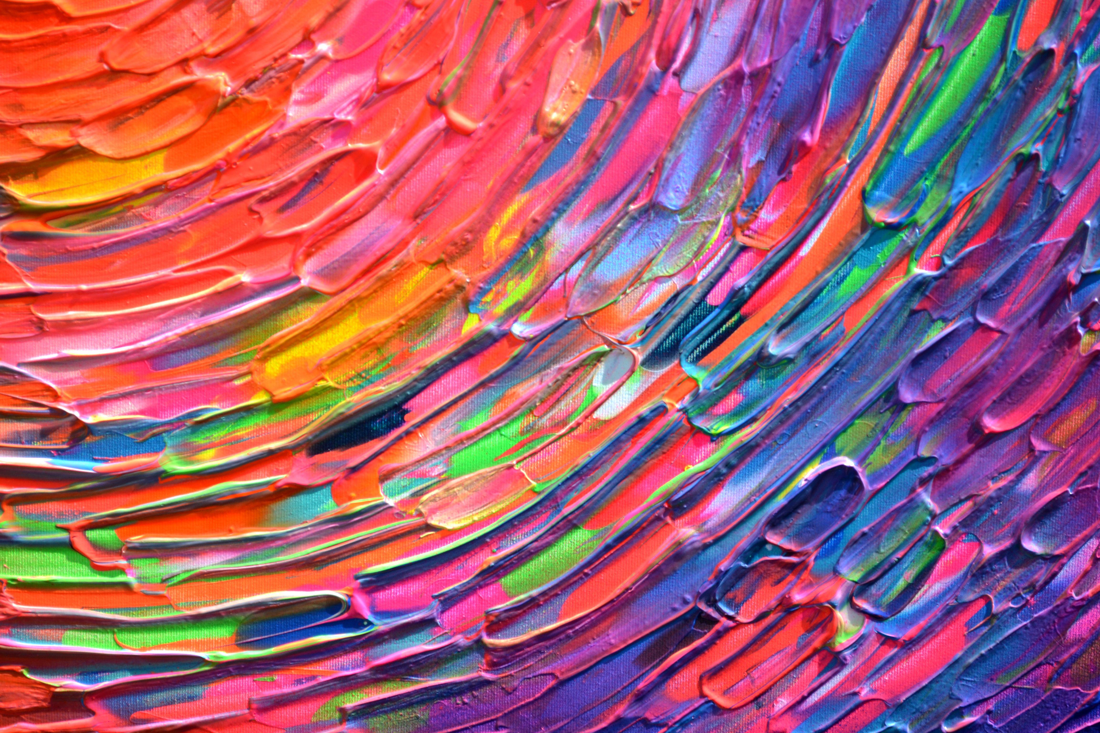 READY TO HANG - GALLERY QUALITY  Vibrant, vivid, dynamic, bold large colourful abstract painting - some neon nuances could not be caught by the camera.  Dimensions: 100x100X4 cm - 39.4x39.4x1.6 inches.  Signed and dated on the front. The art work