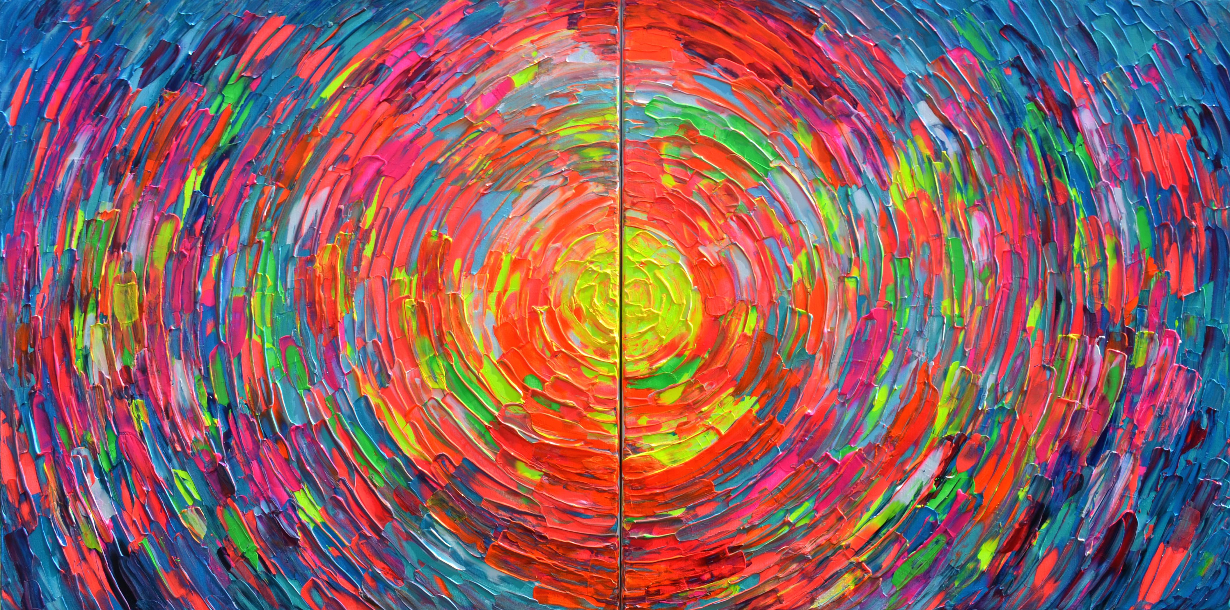 Gypsy Skirt Rounded VIII - diptych.

Ready to hang for all destinations.
I used many neon nuances that could not be caught by the camera, bold, vibrating and strong colors.

Dimensions: 160x80X4 cm - 2 canvases of x 80x80x4 cm, 63x31.5x1.6 incheses