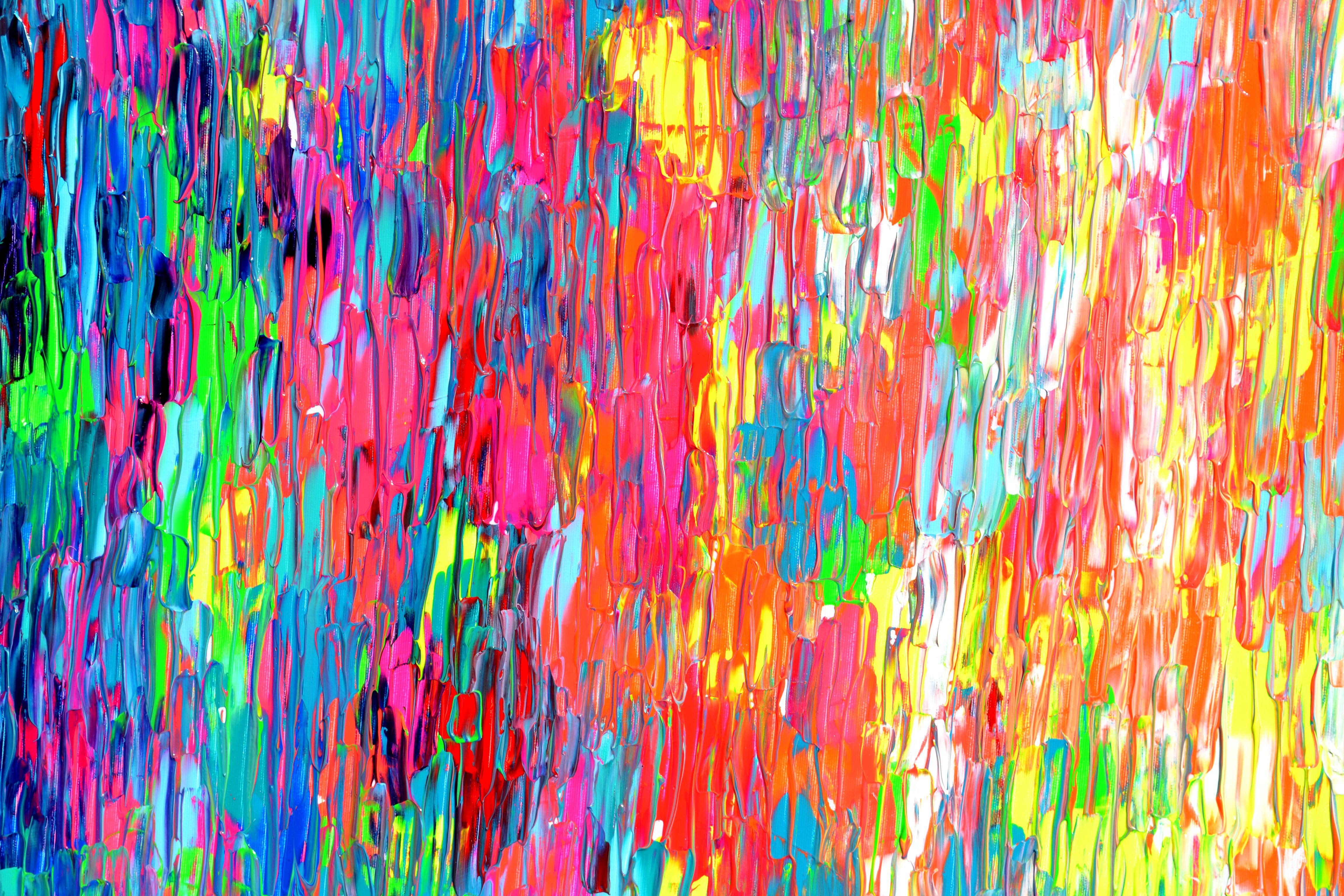 A very beautiful large colorful abstract painting with many neon nuances, heavy relief textured with palette knife, vibrant and emotional.  READY TO HANG - GALLERY QUALITY  It's all about colors happiness and freedom!  Dimensions: 140x80X4 cm -