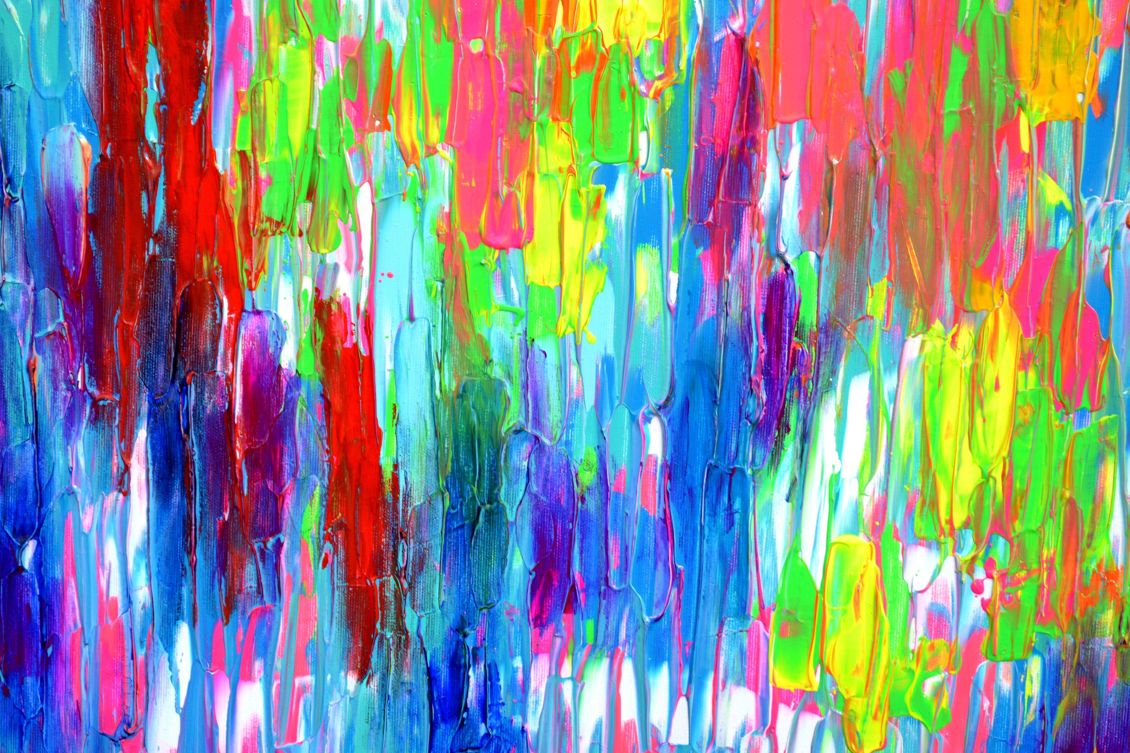 A very beautiful large colorful abstract painting with many neon nuances, havy textured with palette knife, vibrant and emotional.  READY TO HANG - GALLERY QUALITY  It's all about colors happiness and freedom!  Dimensions: 160x80X4 cm - 63x31.5x1.6