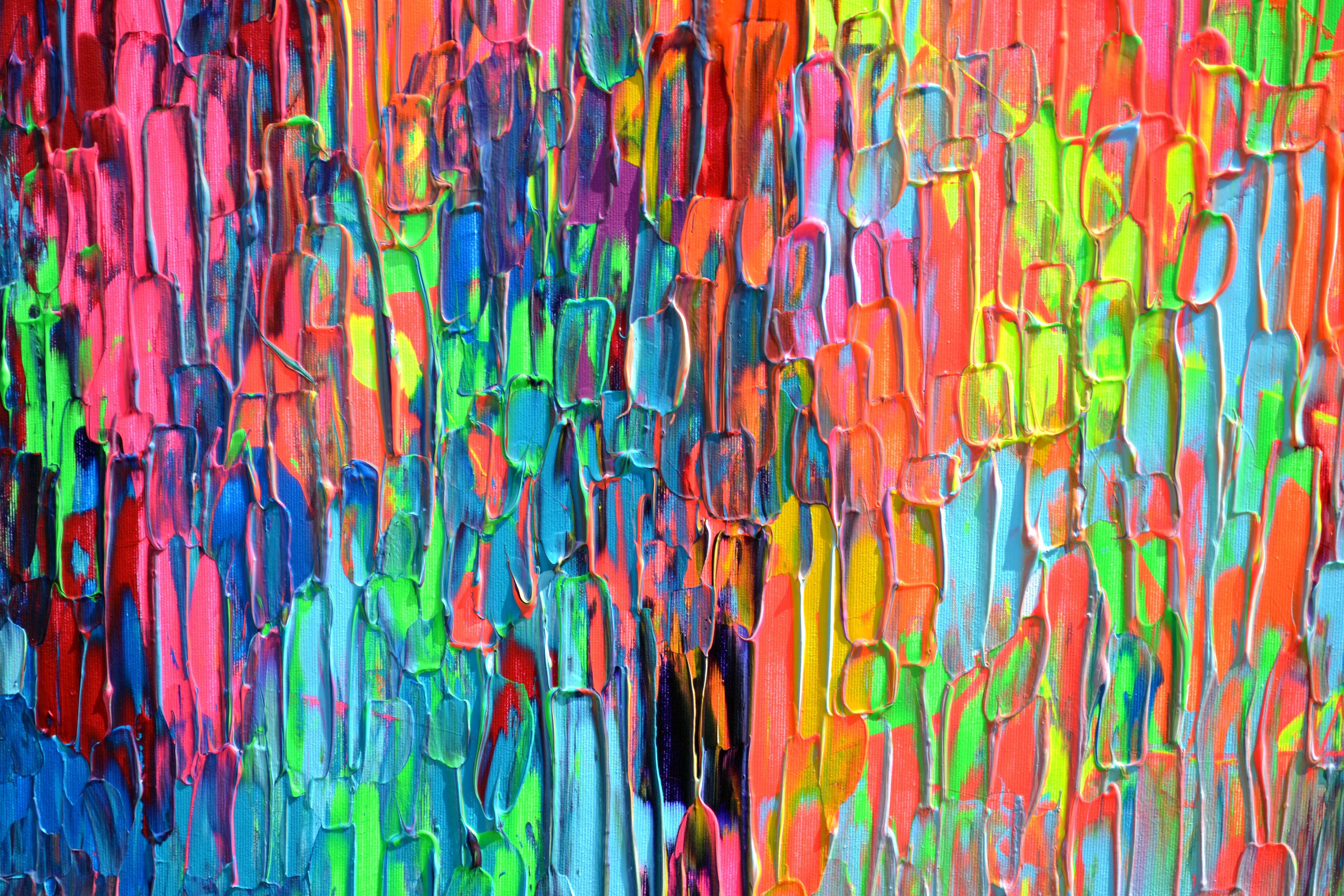 A very beautiful large colorful abstract painting with many neon nuances, heavy relief textured with palette knife, vibrant and emotional.  READY TO HANG - GALLERY QUALITY  It's all about colors happiness and freedom!  Dimensions: 140x80X4 cm -