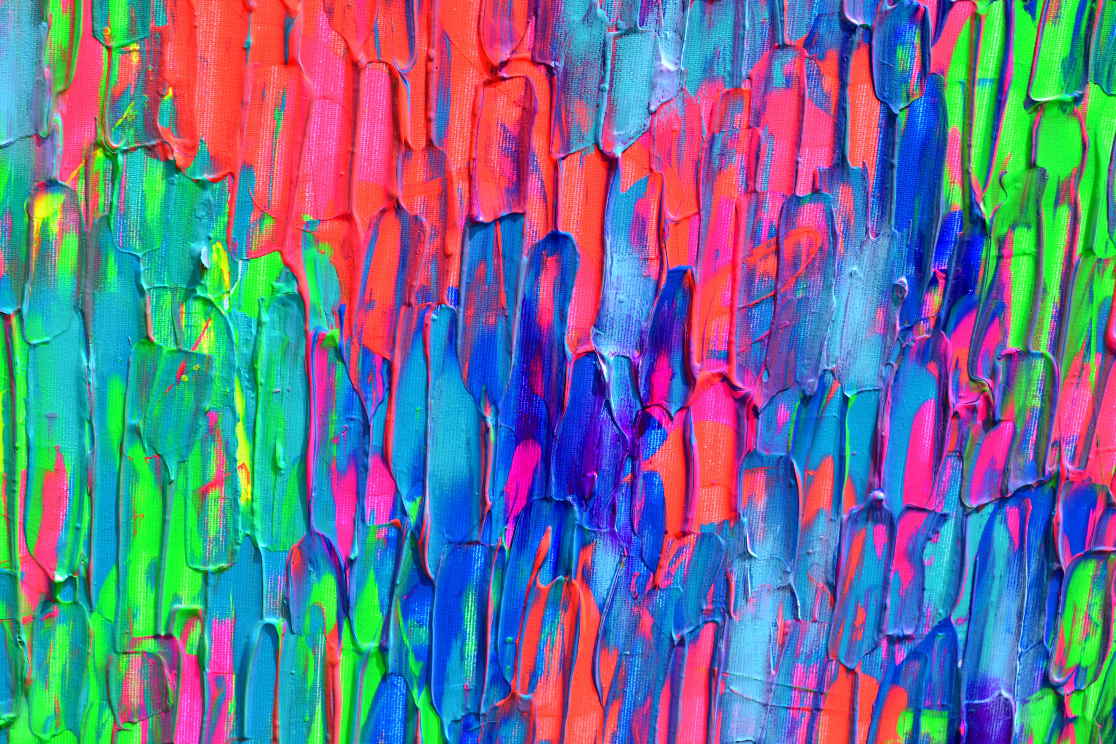 A very beautiful large colorful abstract painting with many neon nuances, havy textured with palette knife, vibrant and emotional.  READY TO HANG - GALLERY QUALITY  It's all about colors happiness and freedom!  Dimensions: 160x80X4 cm - 63x31.5x1.6
