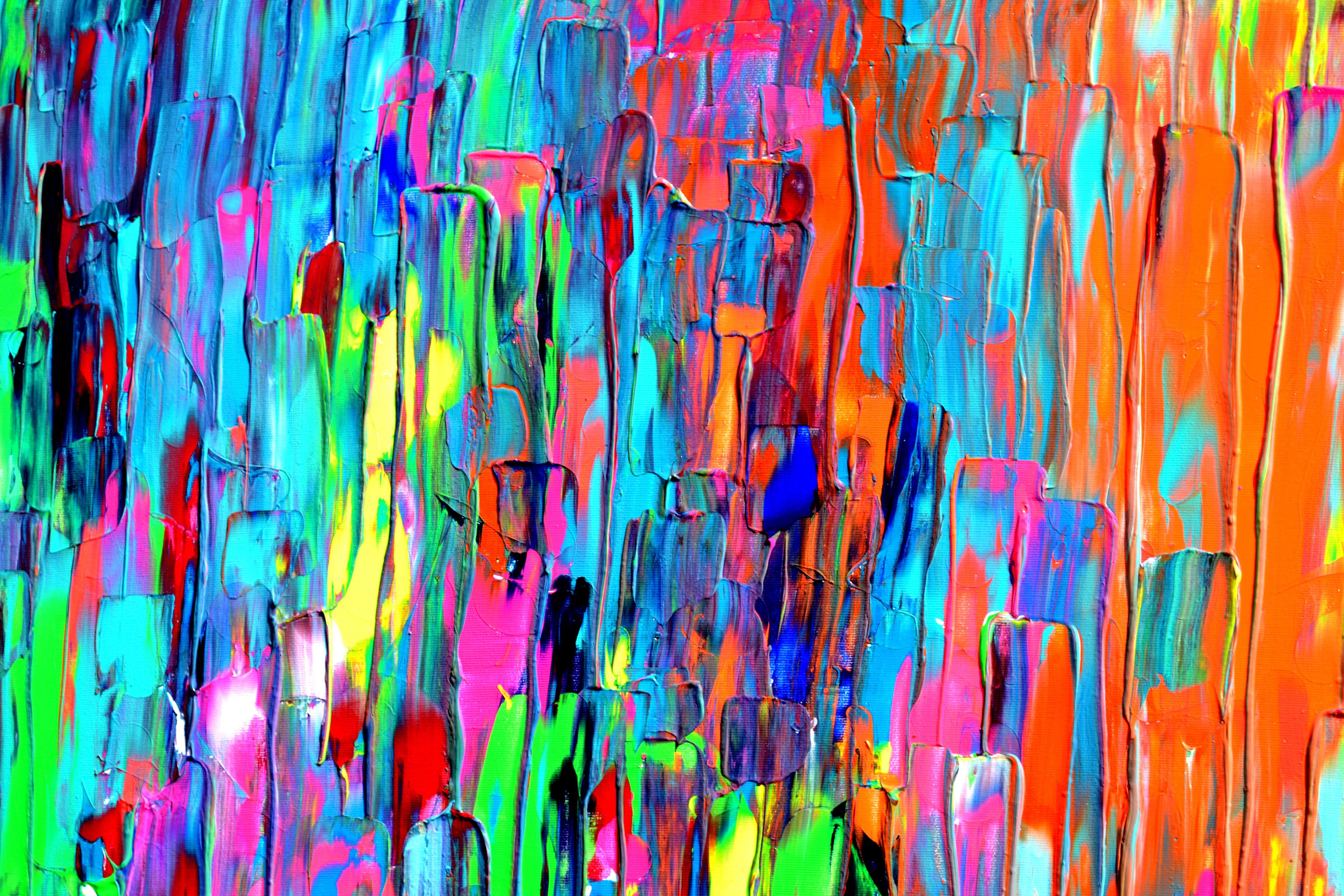 Large colorful abstract painting with many neon nuances, heavy relief textured with palette knife, very dynamic.  READY TO HANG  GALLERY QUALITY with the edges painted.  Soos Tiberiu is one of Artfinder best seller with almost 500 works sold