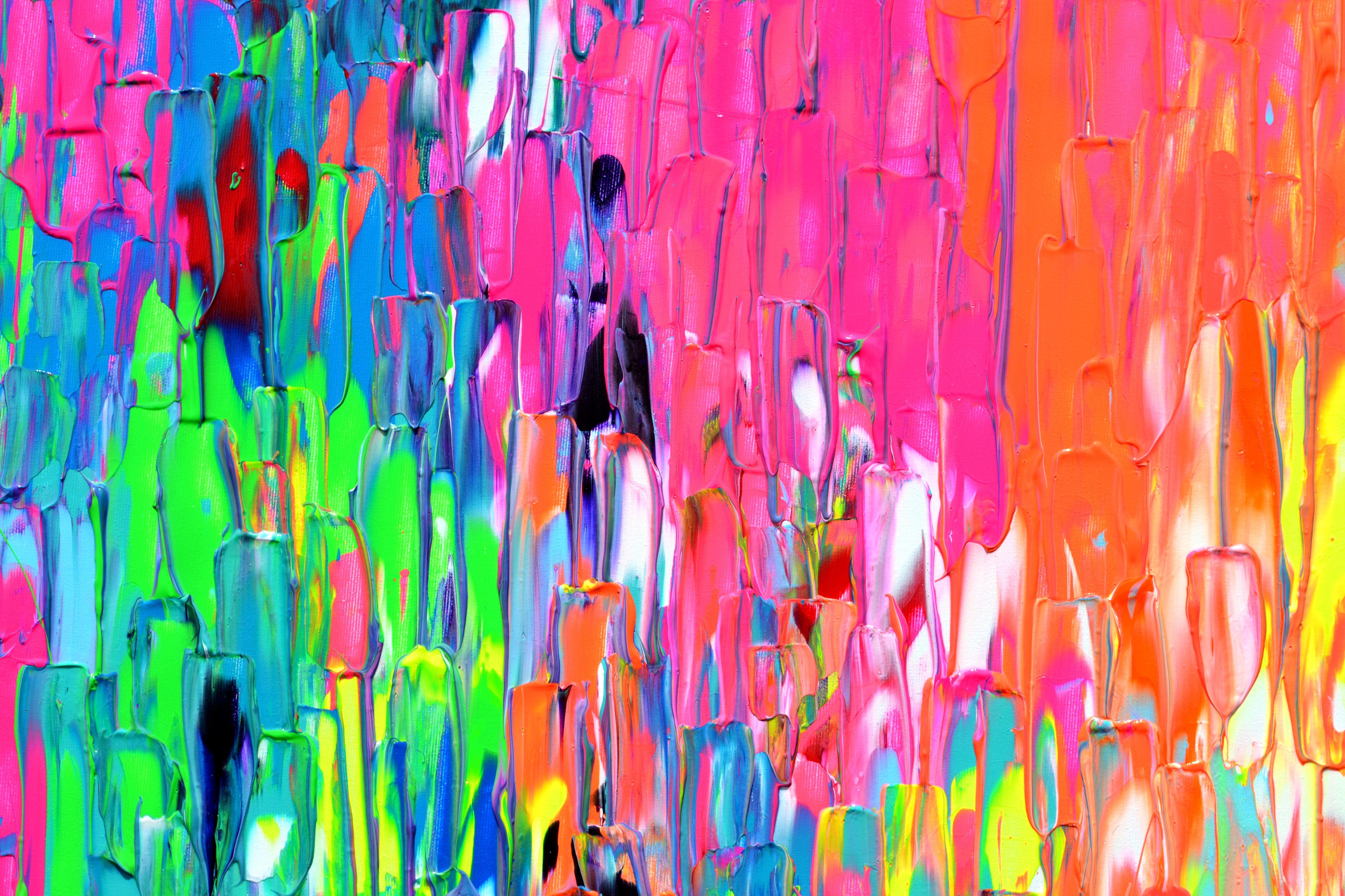 Large colorful abstract painting with many neon nuances, heavy relief textured with palette knife.  READY TO HANG  Size: 140x80x4 cm or 55.12x31.5x1.6 inches.  GALLERY QUALITY with the edges painted.  Soos Tiberiu is one of Artfinder best seller.  I