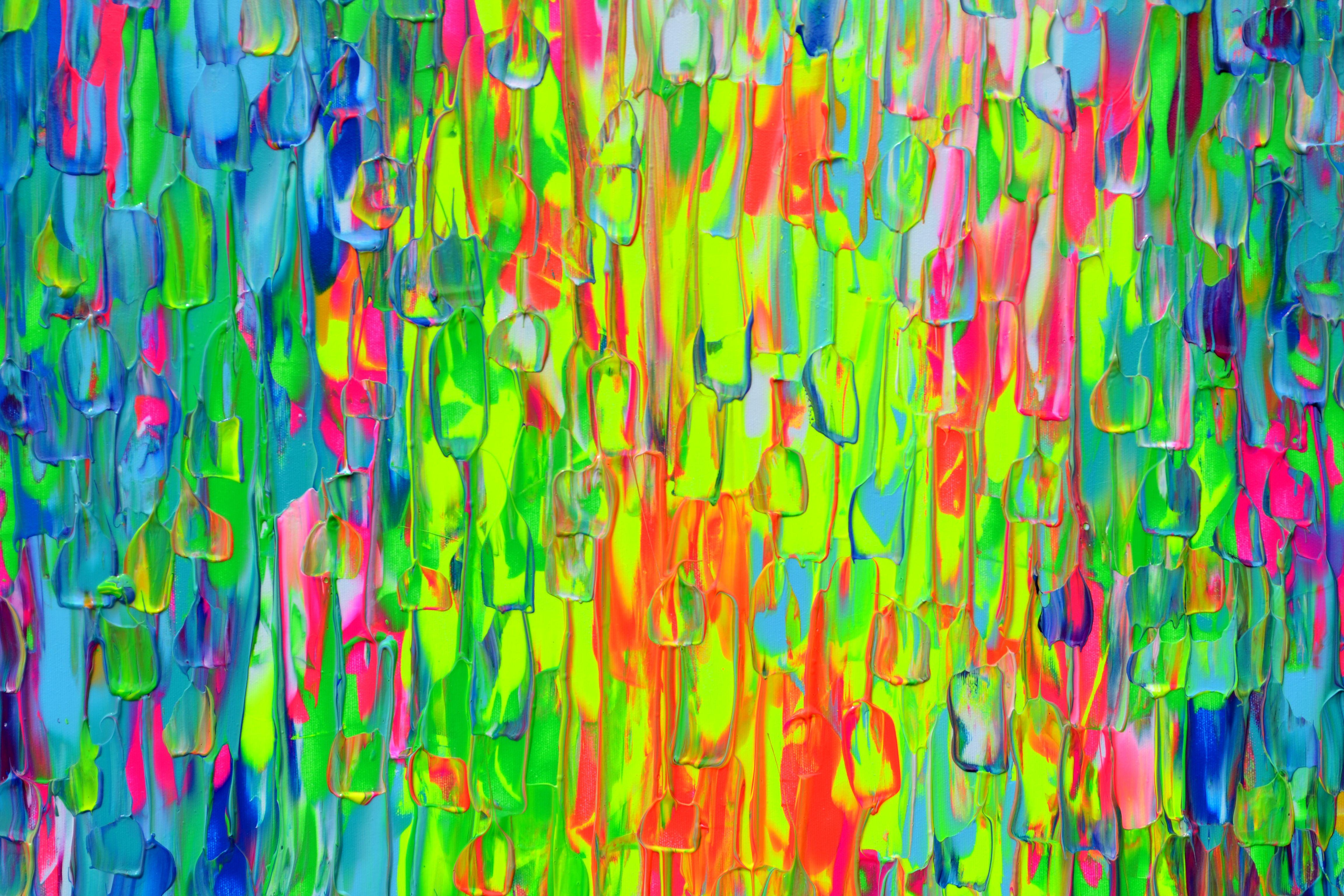 A very beautiful large colorful abstract painting with many neon nuances, havy textured with palette knife, vibrant and emotional.  READY TO HANG - GALLERY QUALITY  It's all about colors happiness and freedom!  Dimensions: 140x80X4 cm -