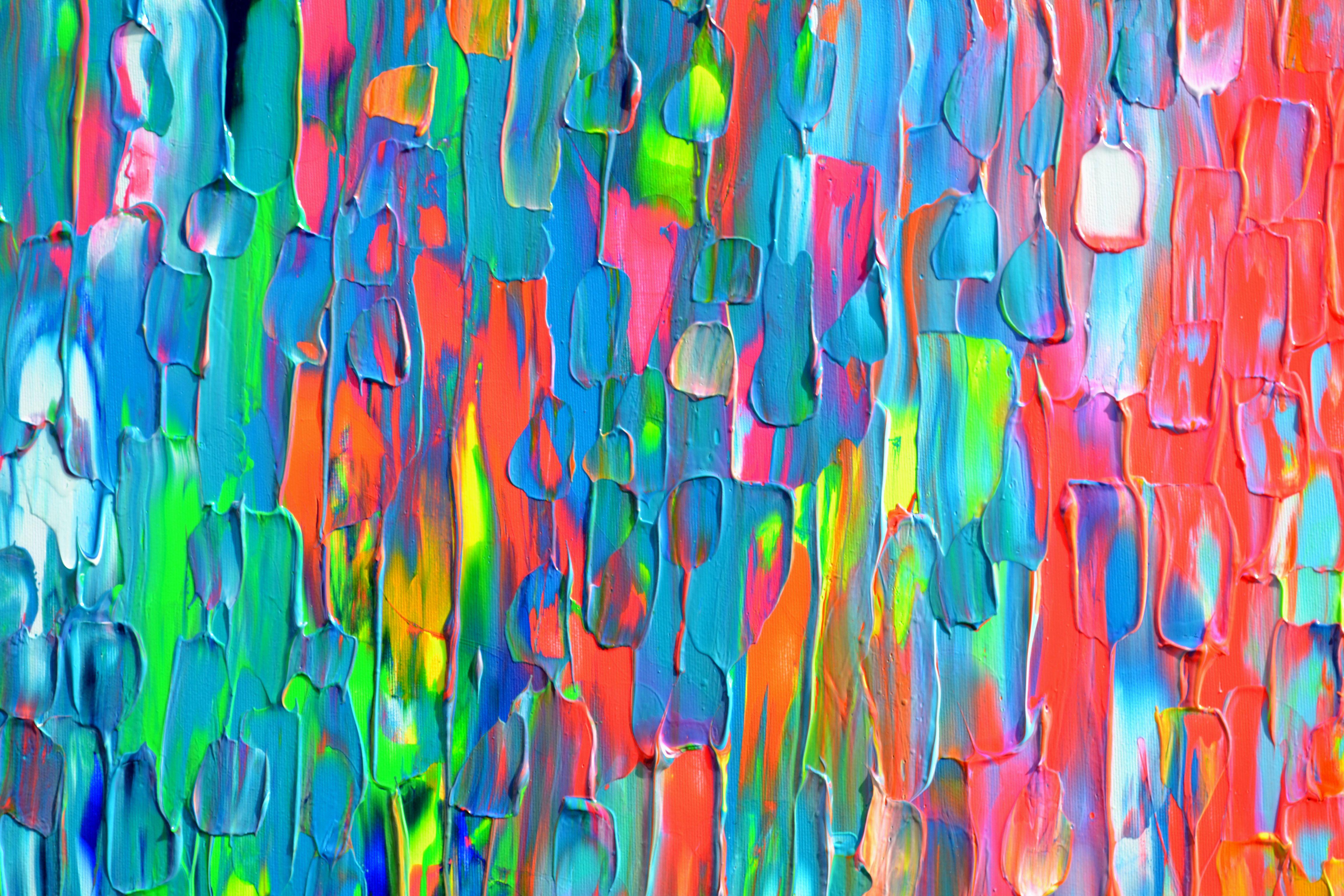 READY TO HANG - GALLERY QUALITY  It's all about colors, happiness and freedom!  A very beautiful, vibrant, bold, colourful textured large abstract painting, it can be the focal point of a large room. Tiberiu Soos use this strong neon colors