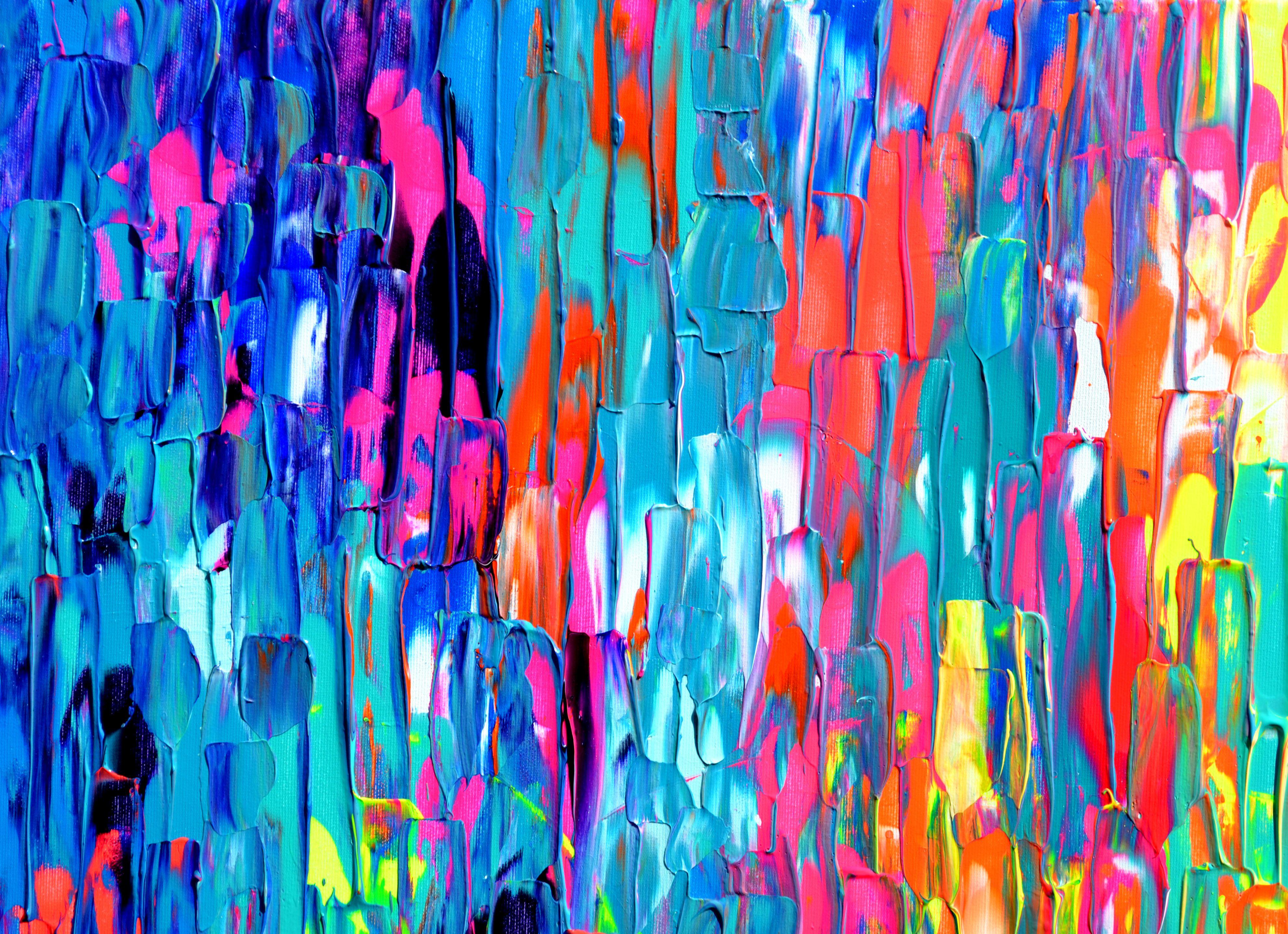 3D Gallery Quality - READY TO HANG  A stunning large, palette knife relief, ready to hang colourful vibrating bold painting. I used many neon colours that could not be caught by the camera.  Dimensions: 140x80x4 cm, 55.12x31.5x1.6 inches.  Signed