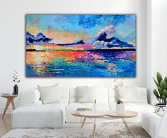 Large Colorful Sunrise - Seascape, Sunset Ocean, Sea Palette Knife Relief Beach