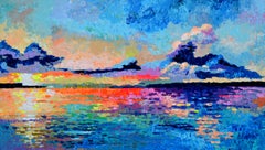 Large Colorful Sunrise - Seascape, Sunset Ocean, Sea Palette Knife Relief Beach