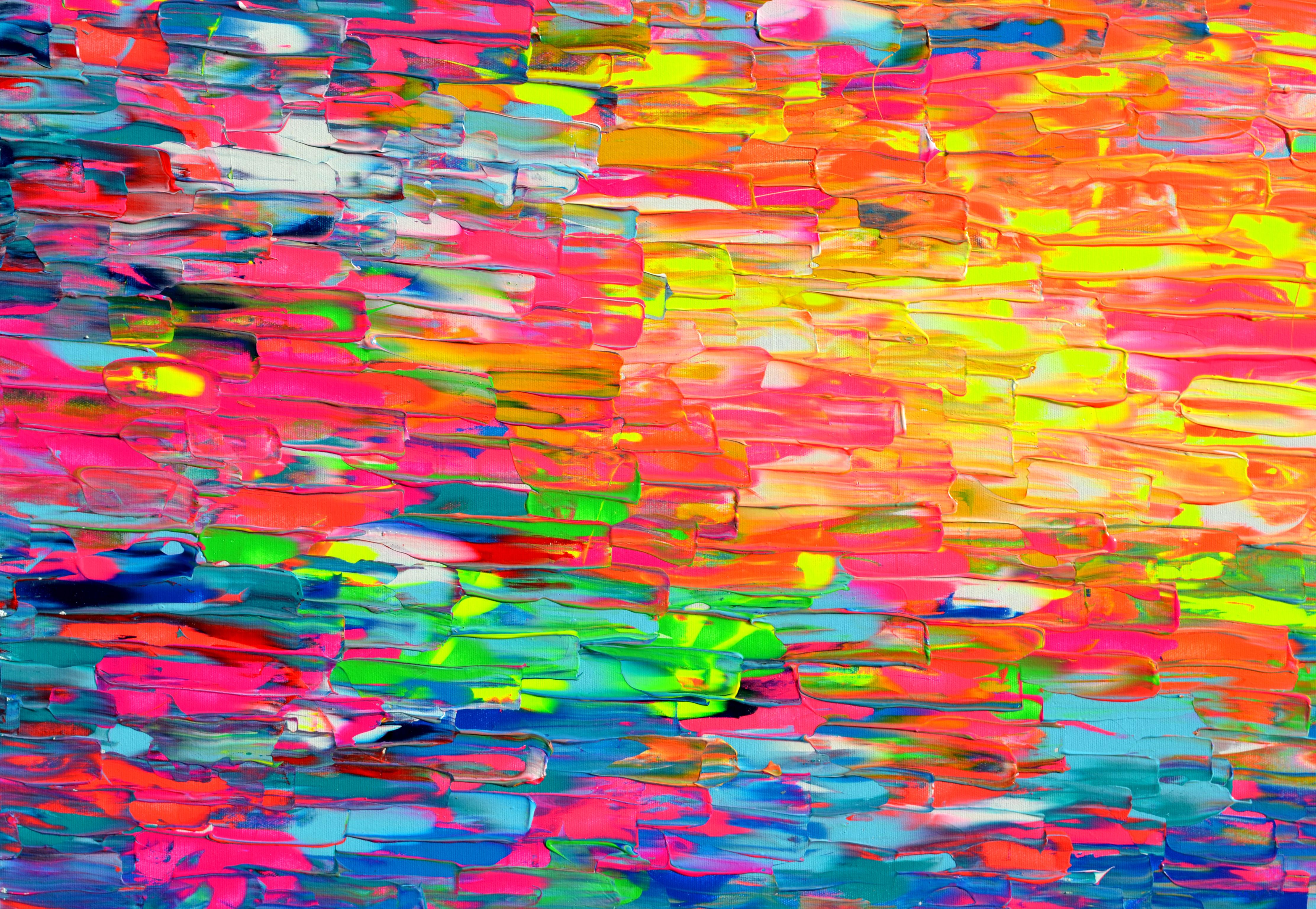 This artwork is shipping UNMOUNTED and ROLLED UP in a tube with FREE SHIPPING and you can easily mount it in a local framer. 
In this very beautiful large colorful abstract painting with many neon nuances, heavy relief textured with palette knife,