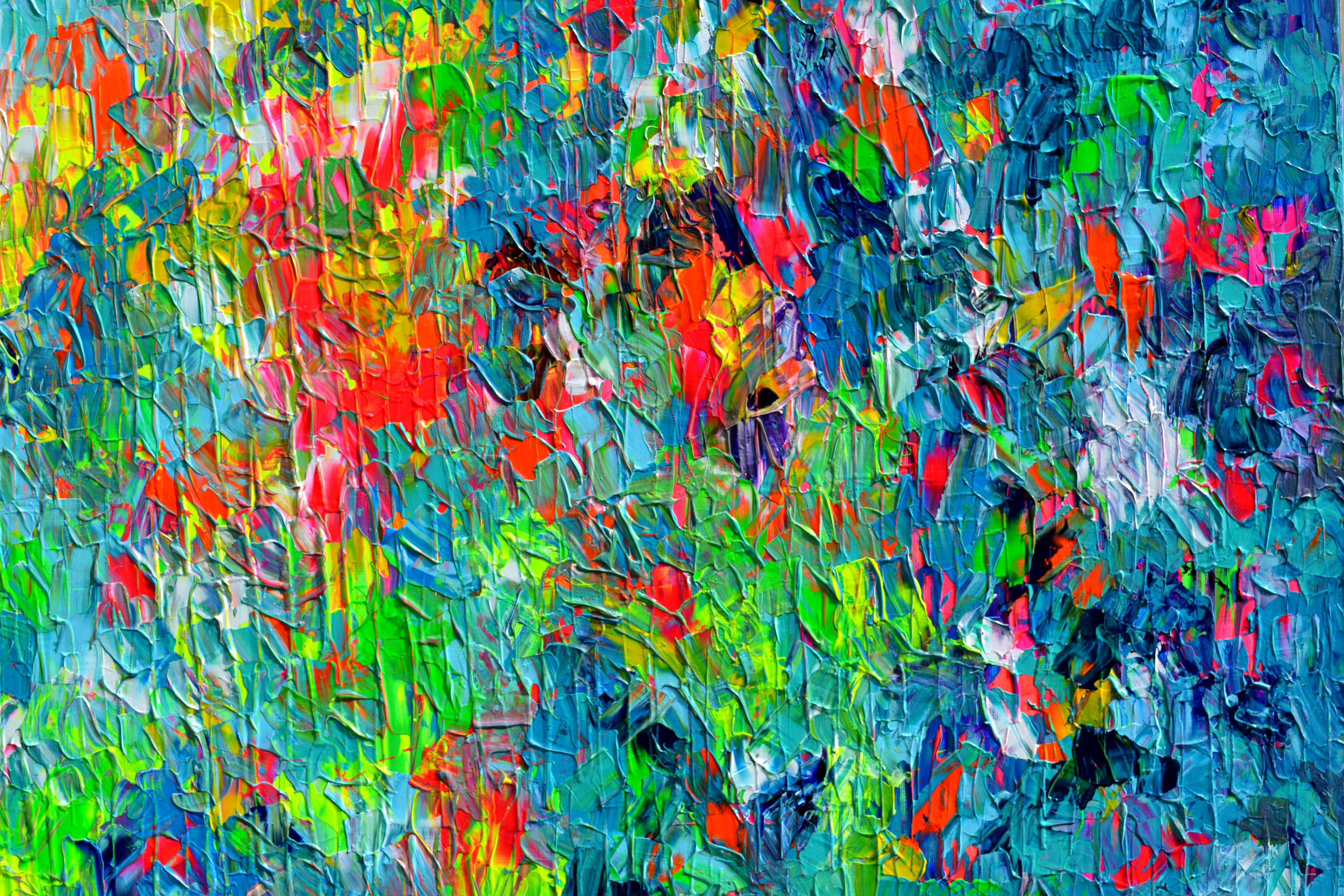 Dans cette très belle grande peinture abstraite colorée, audacieuse, vive, je me suis inspiré de la palette de mon peintre. Dans cette œuvre, vous trouverez de nombreuses nuances de néons, de nombreuses couches avec des textures en fort relief