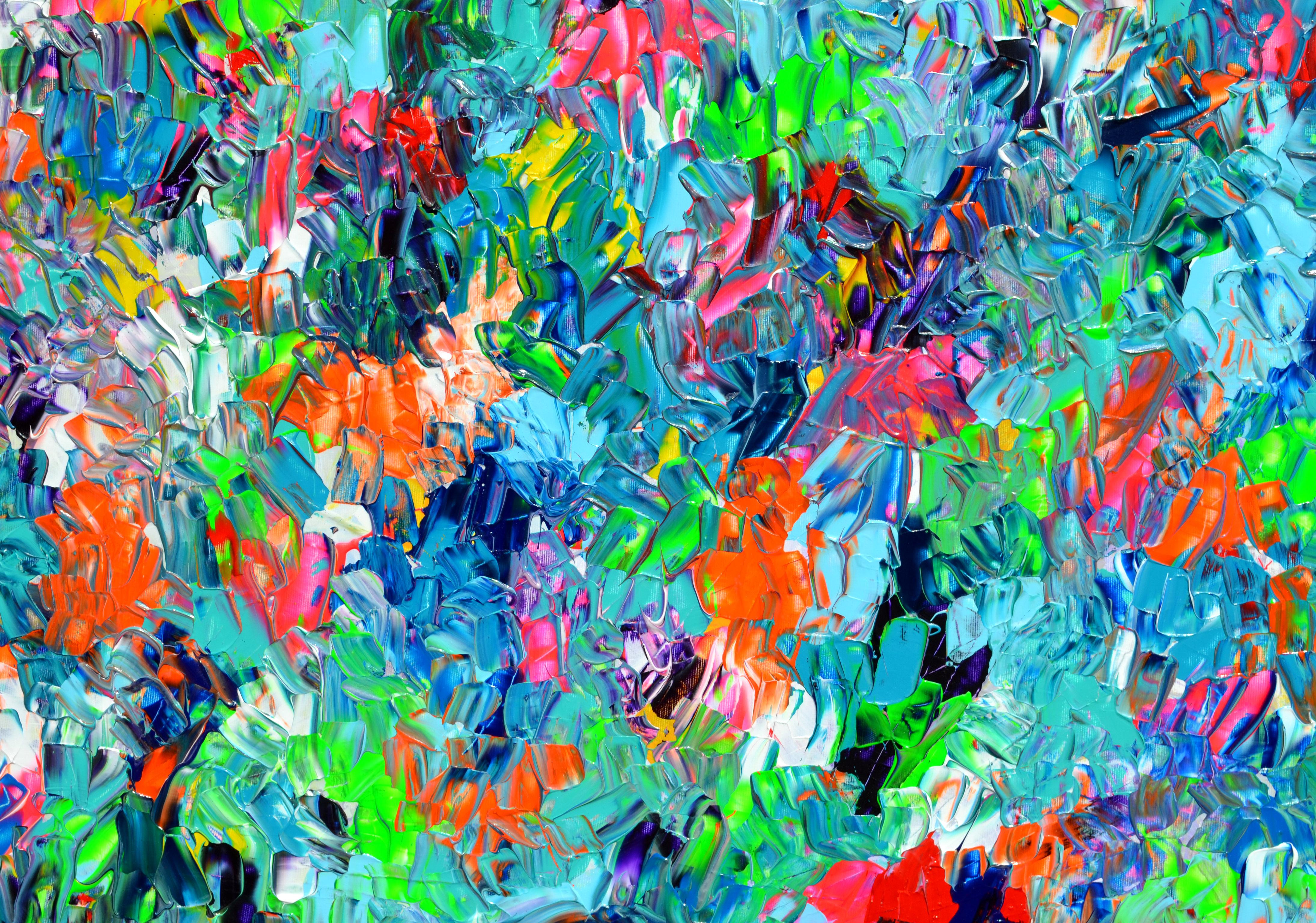 In this very beautiful large colorful, bold, vivid abstract painting I inspired by my painter palette. In this work you will find many neon nuances, many layers with heavy relief textures made with palette knife, vibrant and emotional