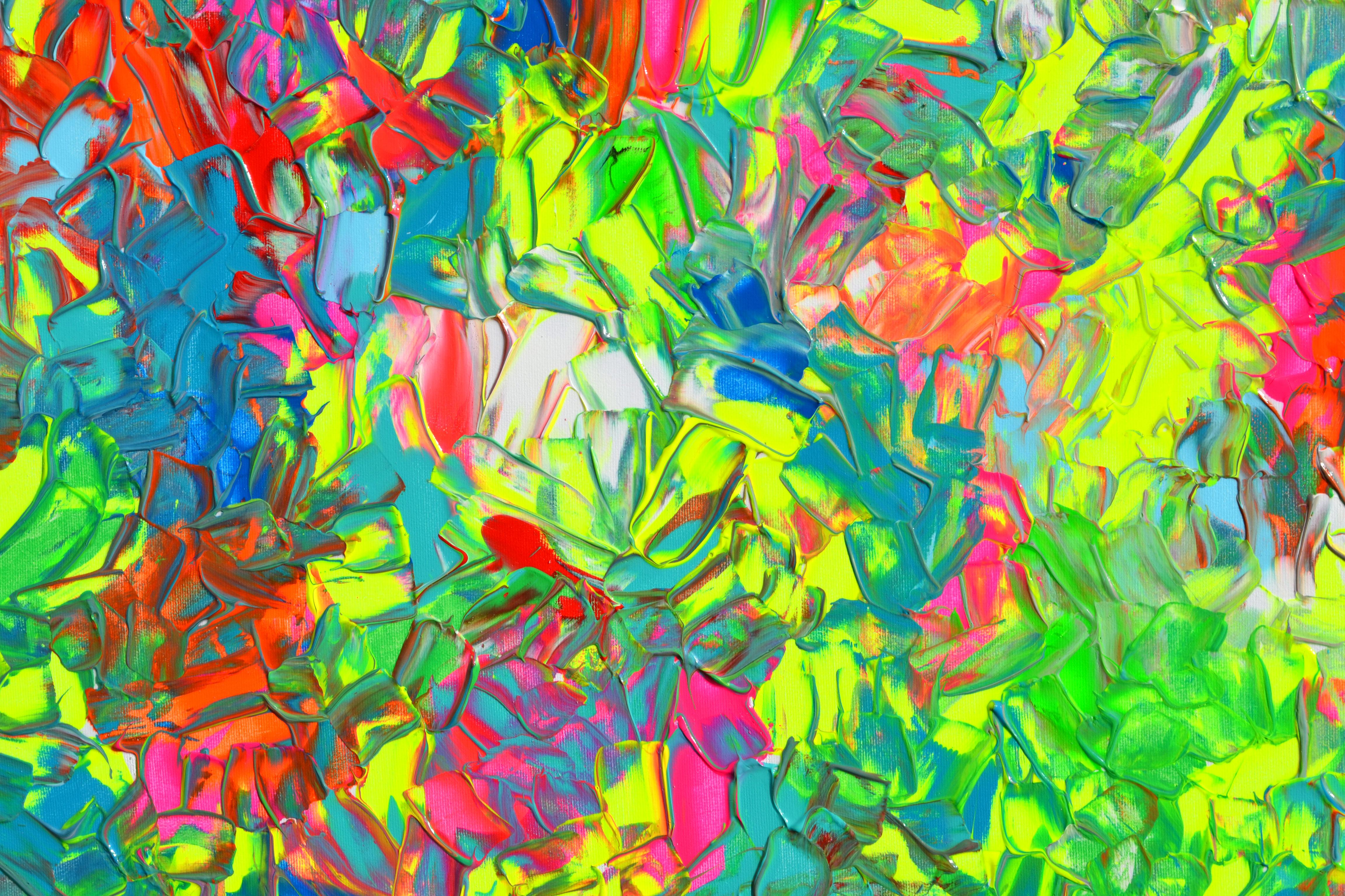 Psychedelic Dyschromy 3 - Großes farbenfrohes, abstraktes Relief-Messer mit strukturiertem Palettenmesser (Grün), Interior Painting, von SOOS TIBERIU