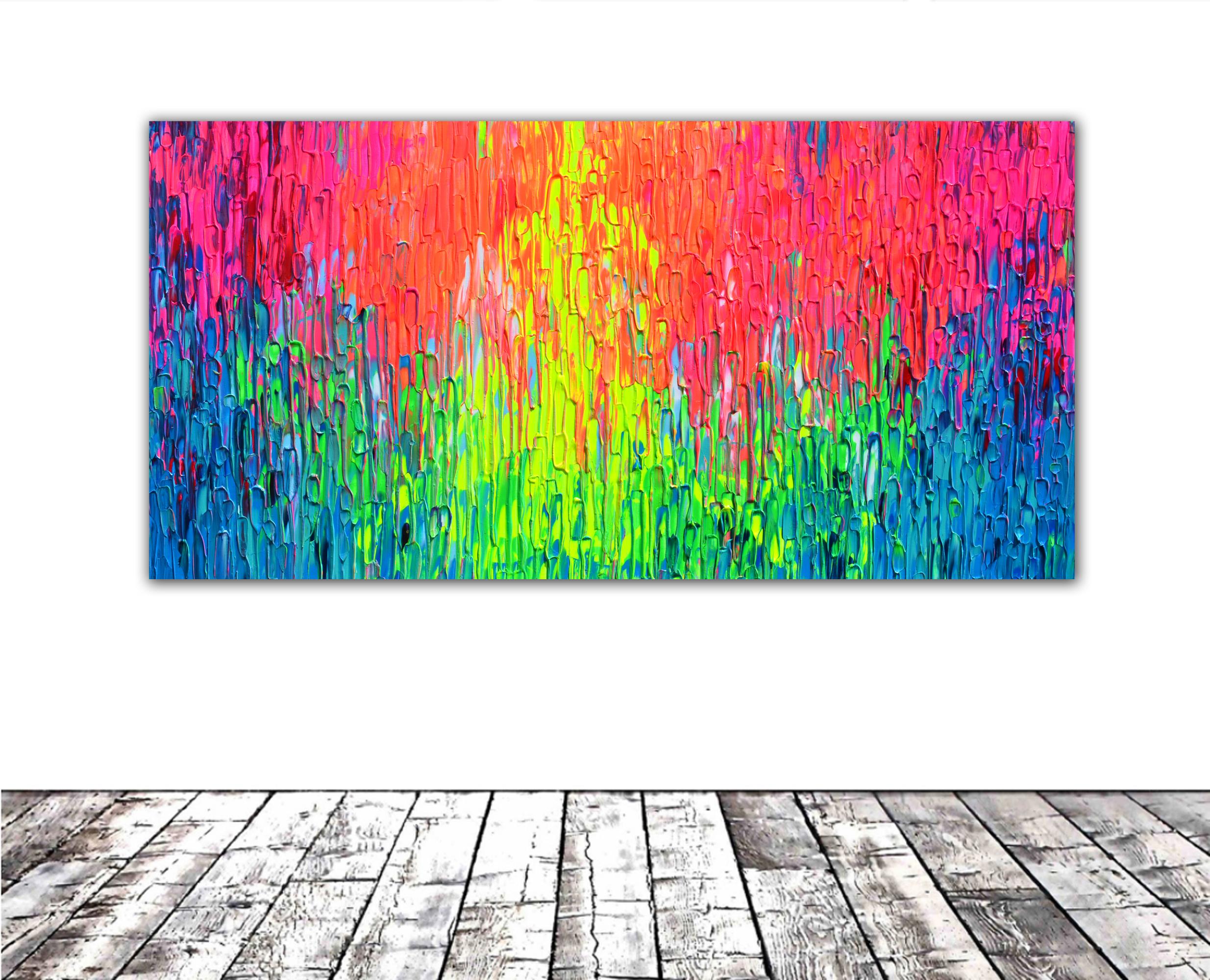 Rainbow Rain - Large Pallet Knife Textured Colorful Abstract Painting For Sale 1