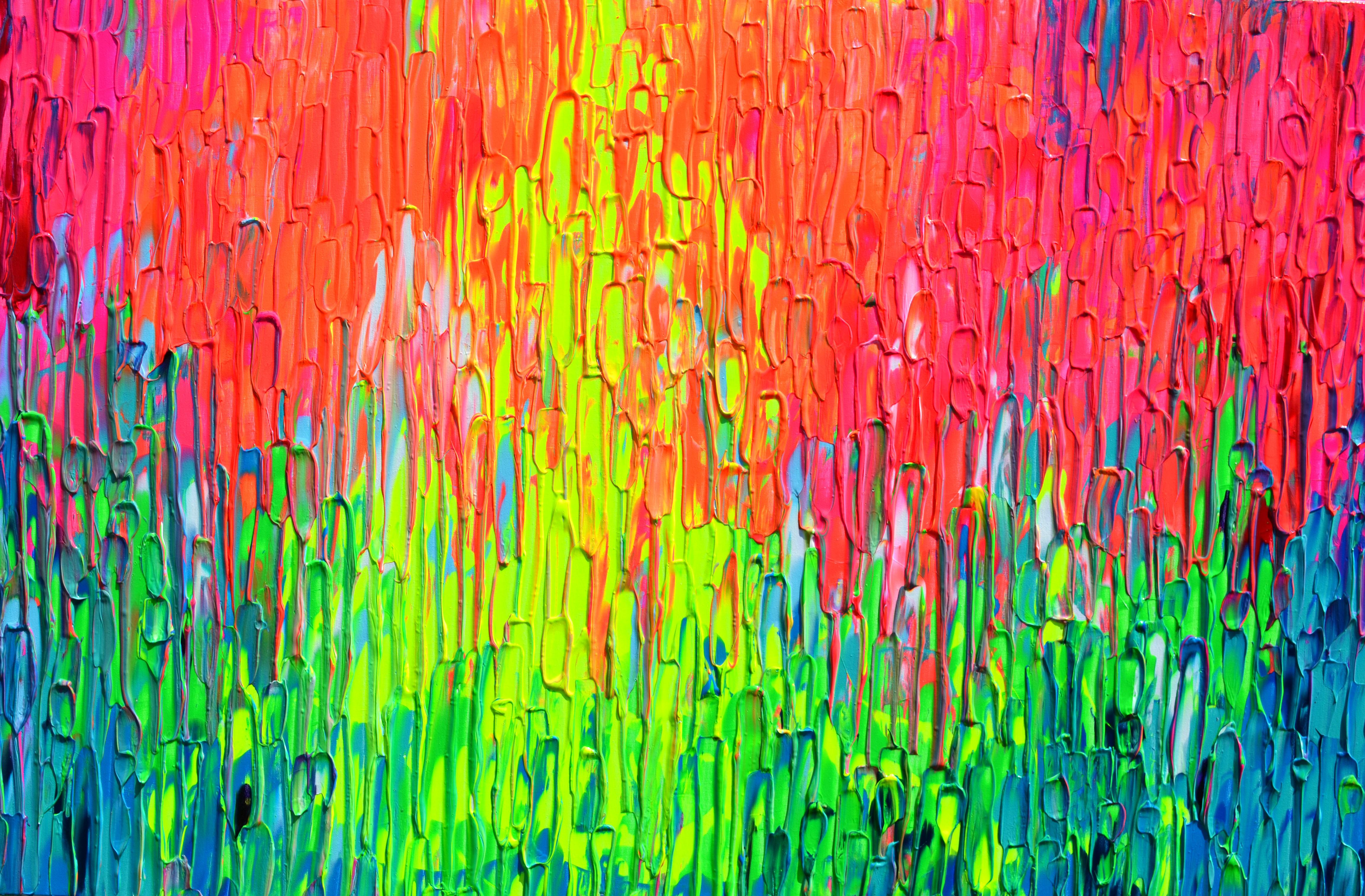 Rainbow Rain - Large Pallet Knife Textured Colorful Abstract Painting For Sale 2