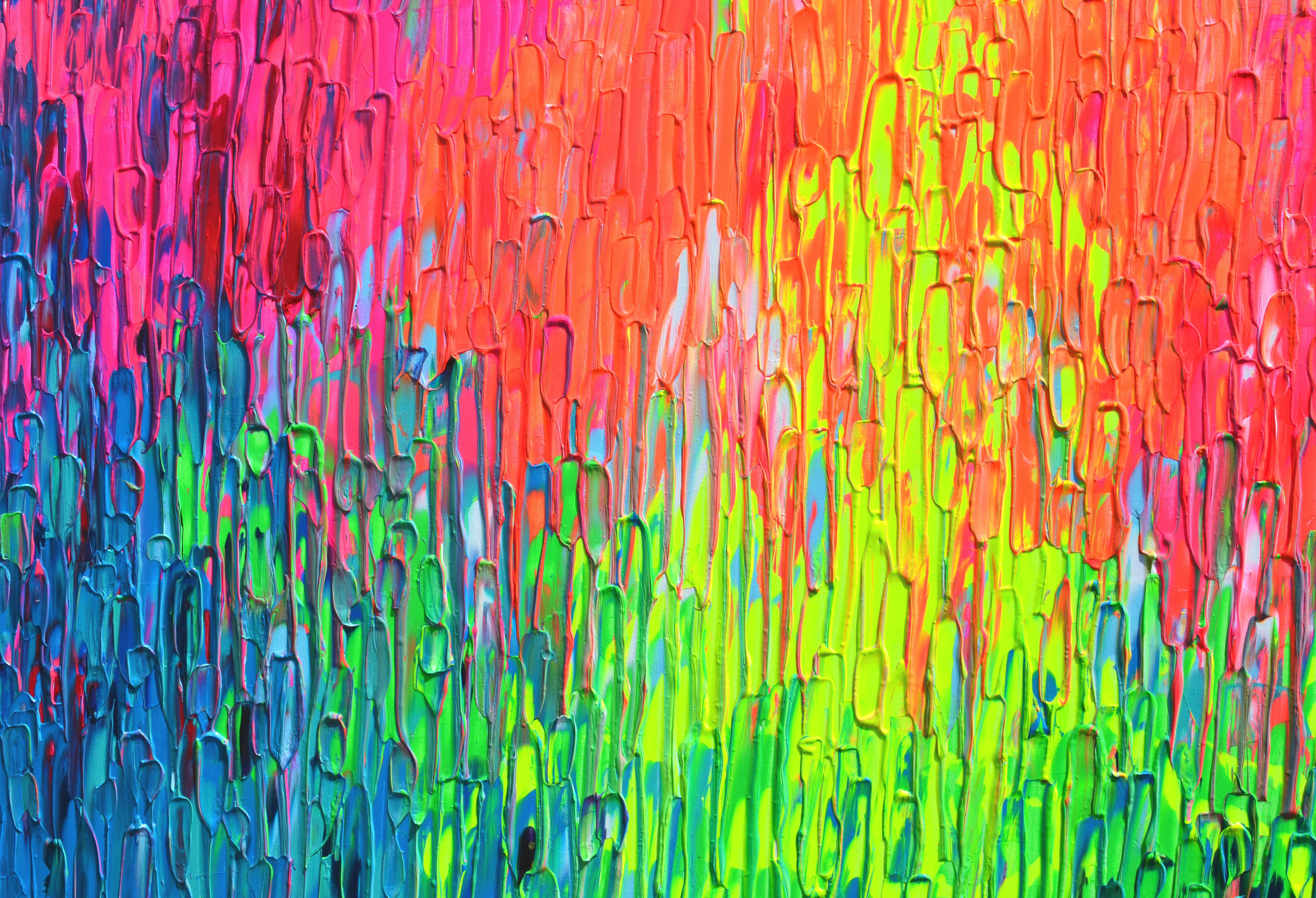Rainbow Rain - Large Pallet Knife Textured Colorful Abstract Painting For Sale 3