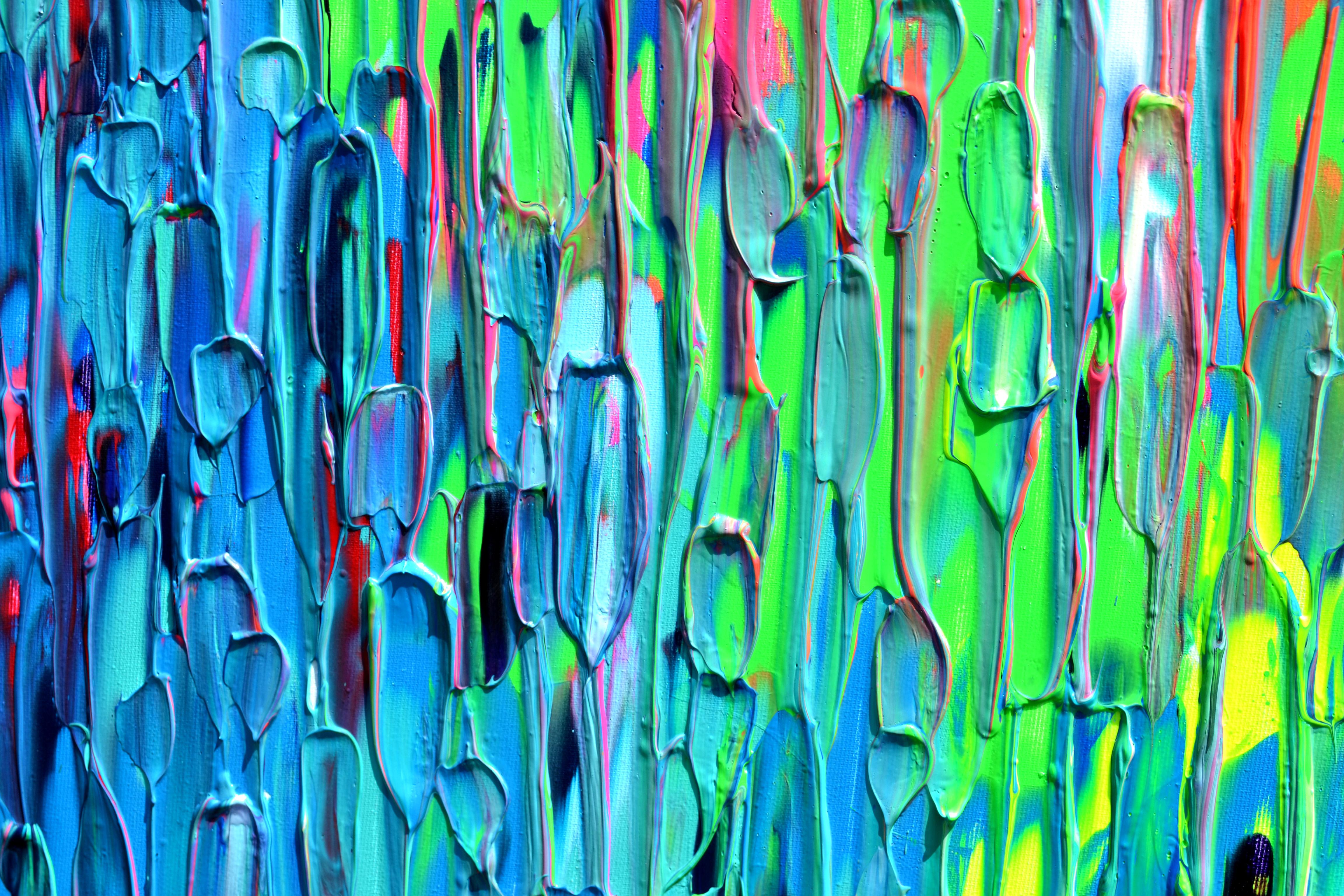 Rainbow Rain - Large Pallet Knife Textured Colorful Abstract Painting For Sale 6