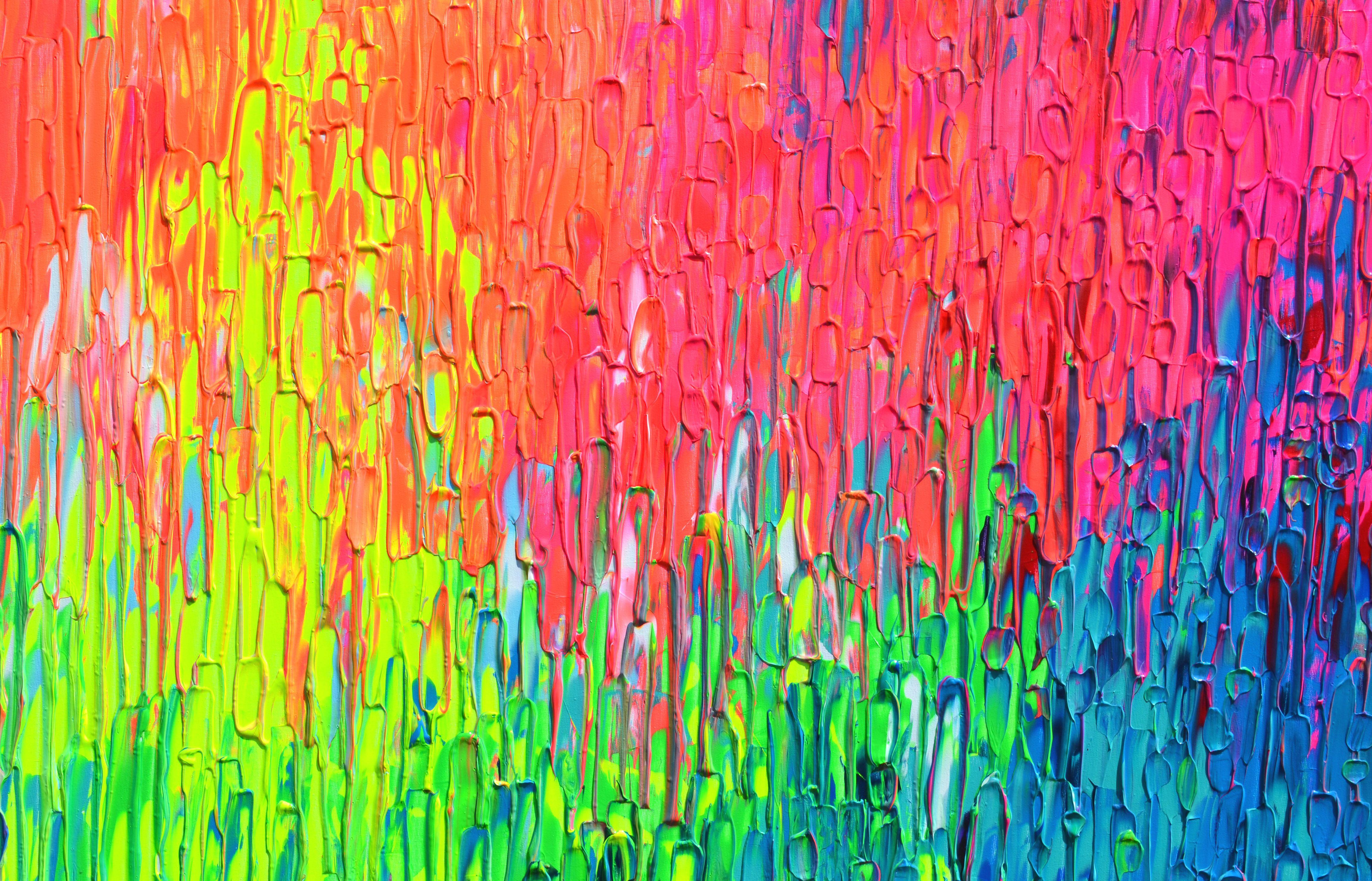 Rainbow Rain - Large Textured Abstract, Painting, Acrylic on Canvas For Sale 1