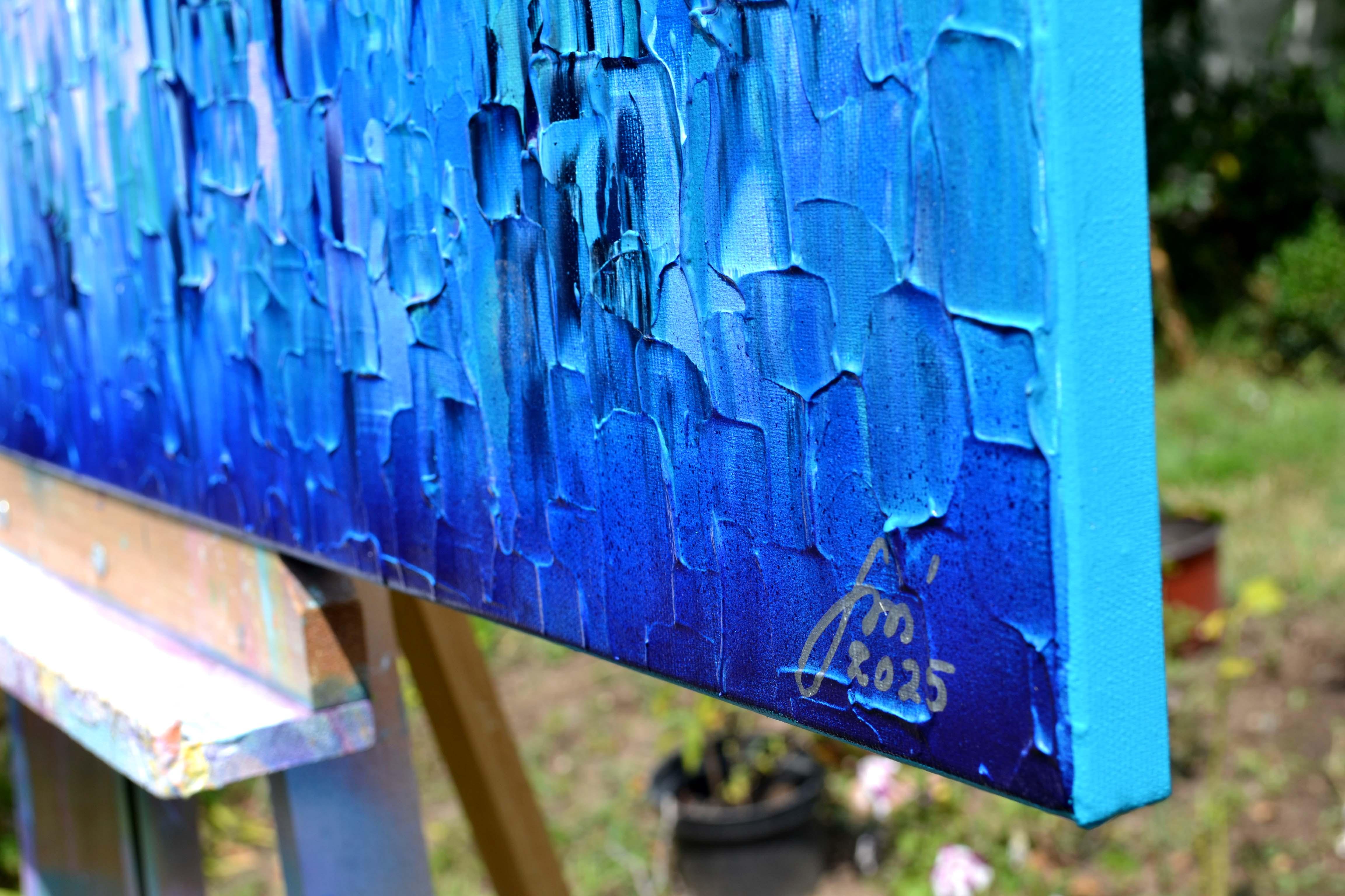 Relief Blue 21 - Large Blue Abstract Relief Pallet Knife Ocean Texture Painting For Sale 10