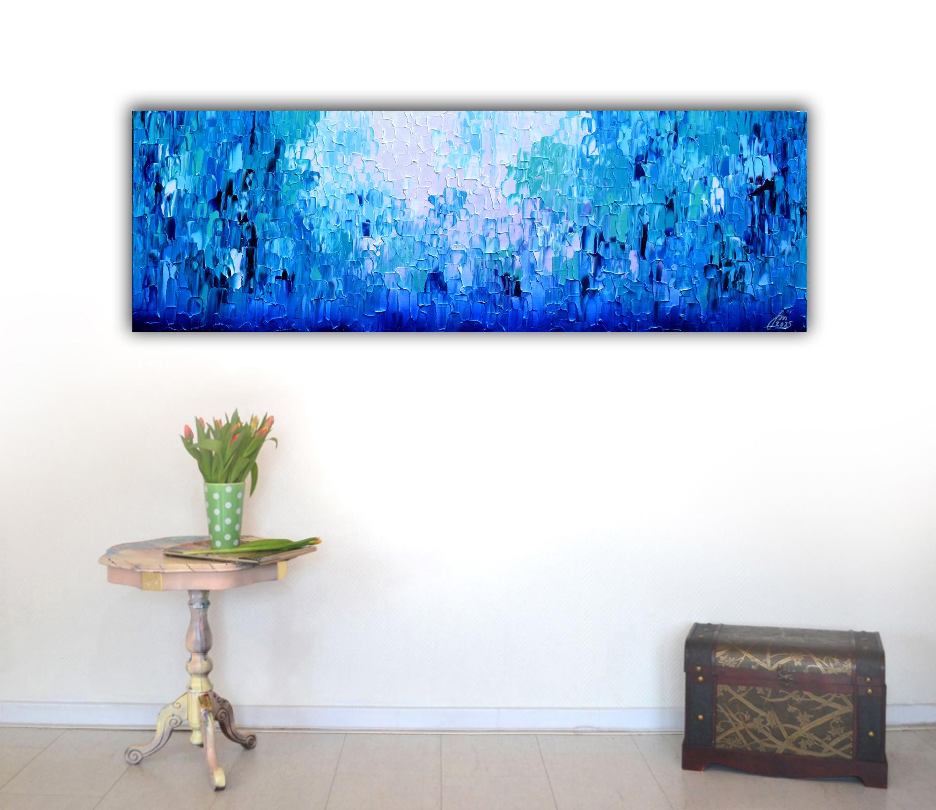 Elevate your space with this large original, gradient of blue, abstract painting! Made on stretched heavy canvas, the edges are painted for a polished look. The glossy varnish not only protects from UV and dust but also enhances the vivid acrylic