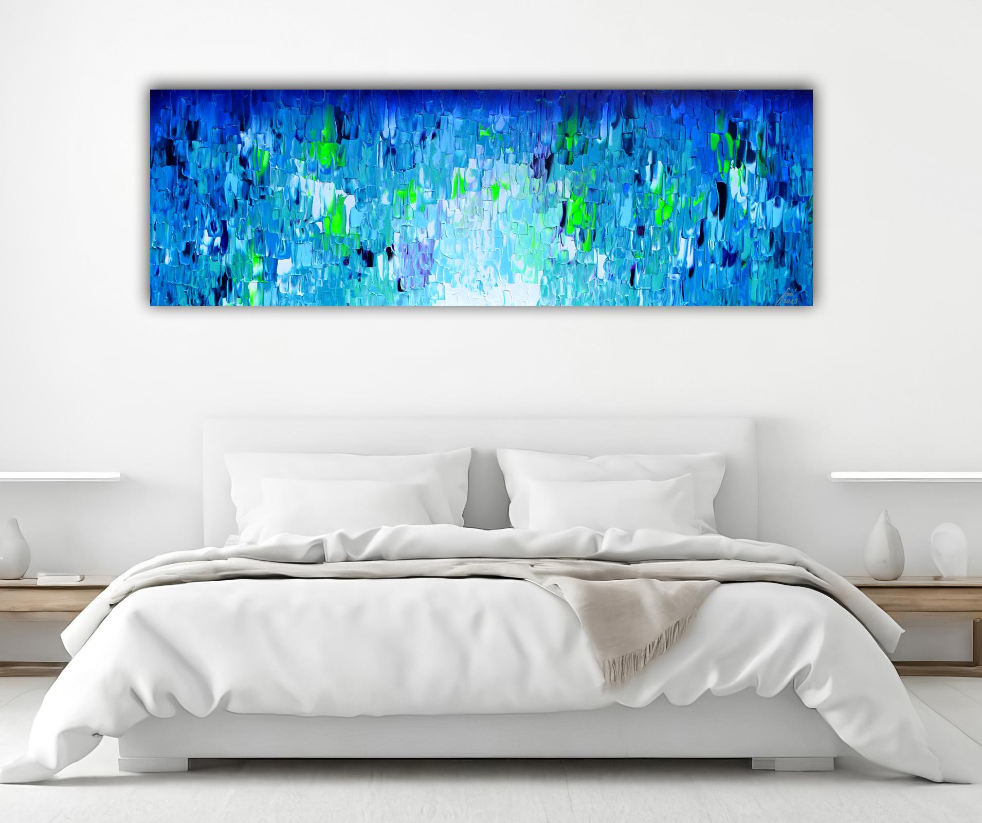 Elevate your space with this large original, gradient of blue, abstract painting! Made on stretched heavy canvas, the edges are painted for a polished look. The glossy varnish not only protects from UV and dust but also enhances the vivid acrylic