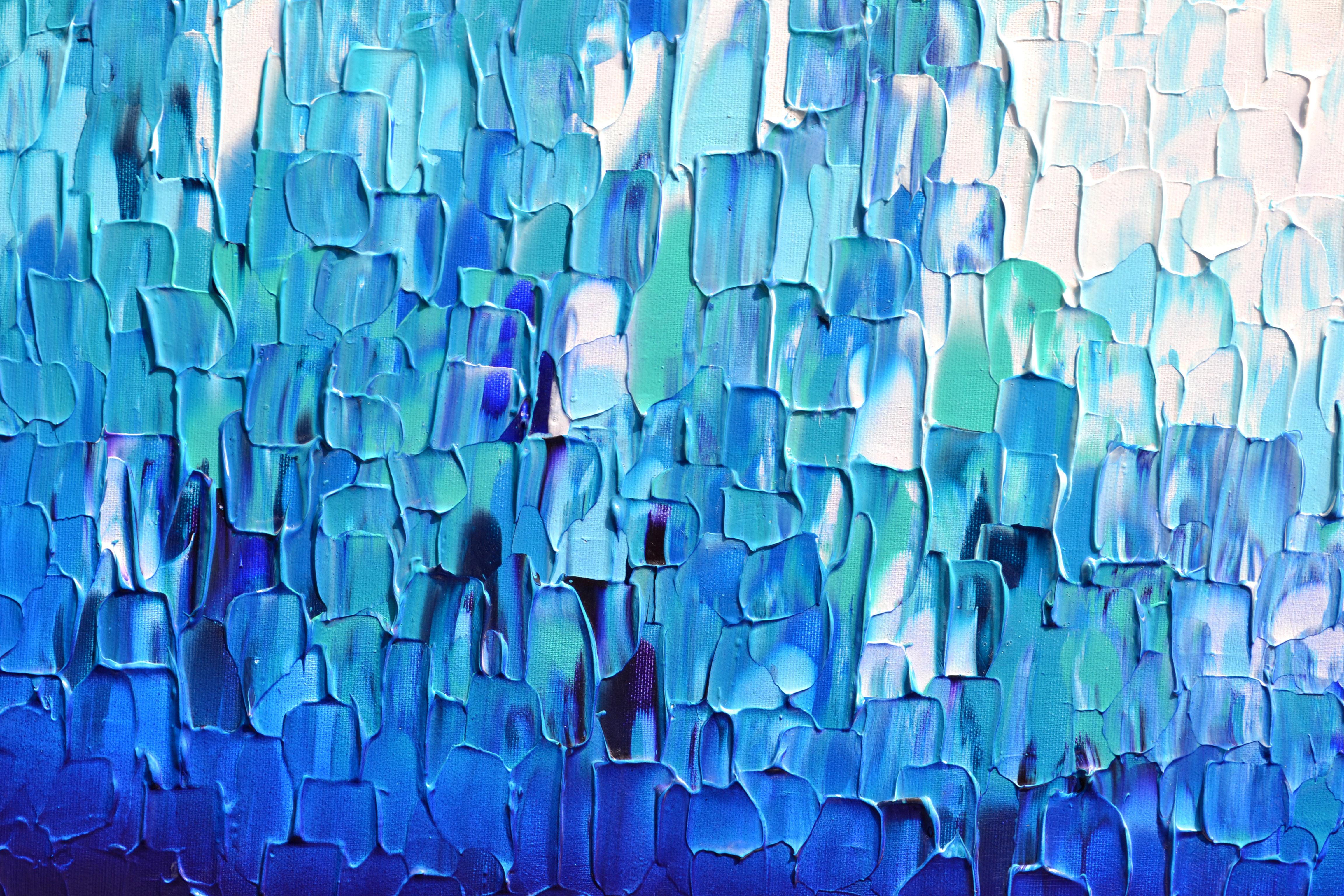 Couteau à palette bleu abstrait en relief 24 - Grande peinture texturée océanique - Bleu Abstract Painting par SOOS TIBERIU