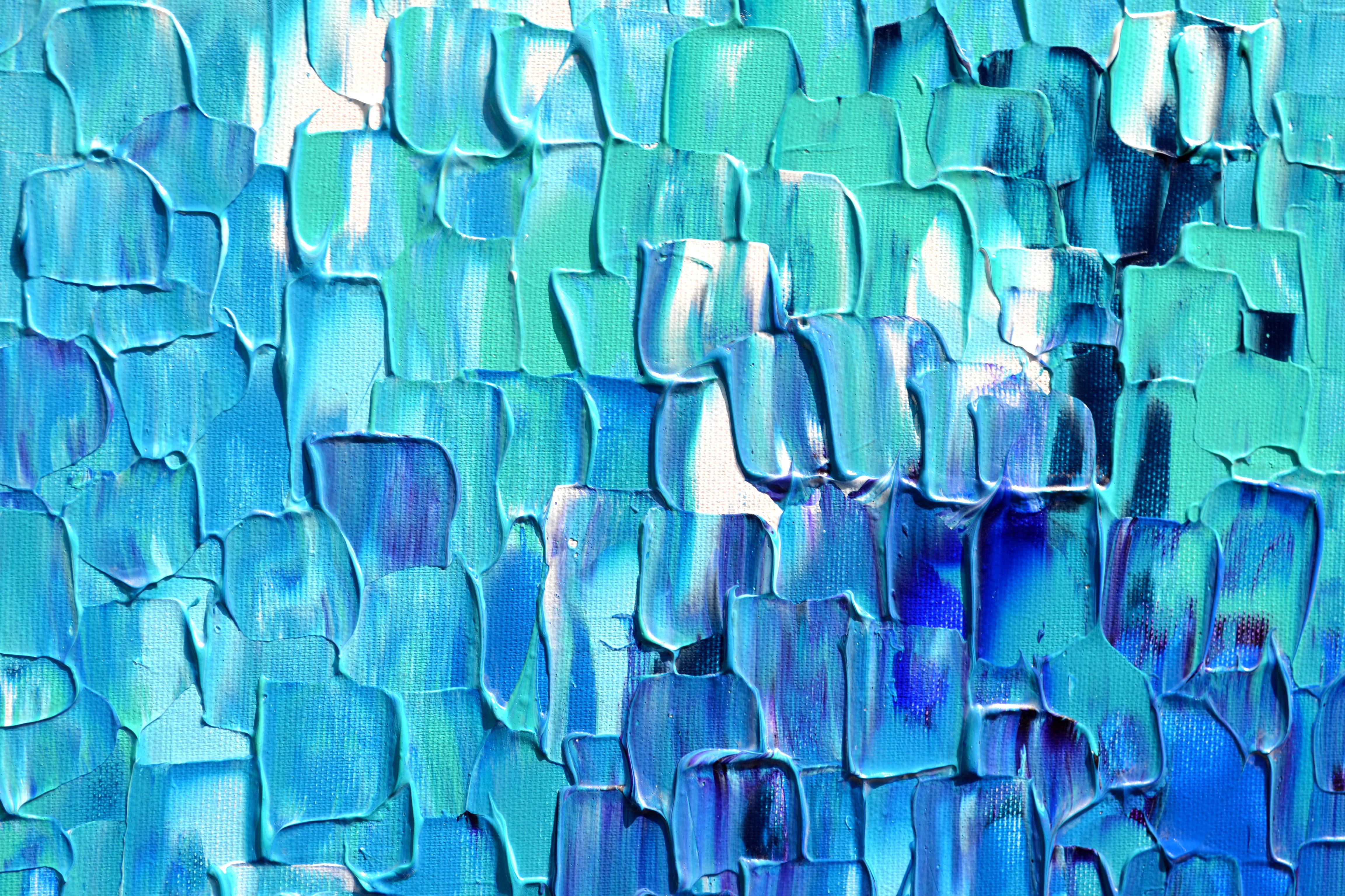 Couteau à palette bleu abstrait en relief 24 - Grande peinture texturée océanique en vente 2