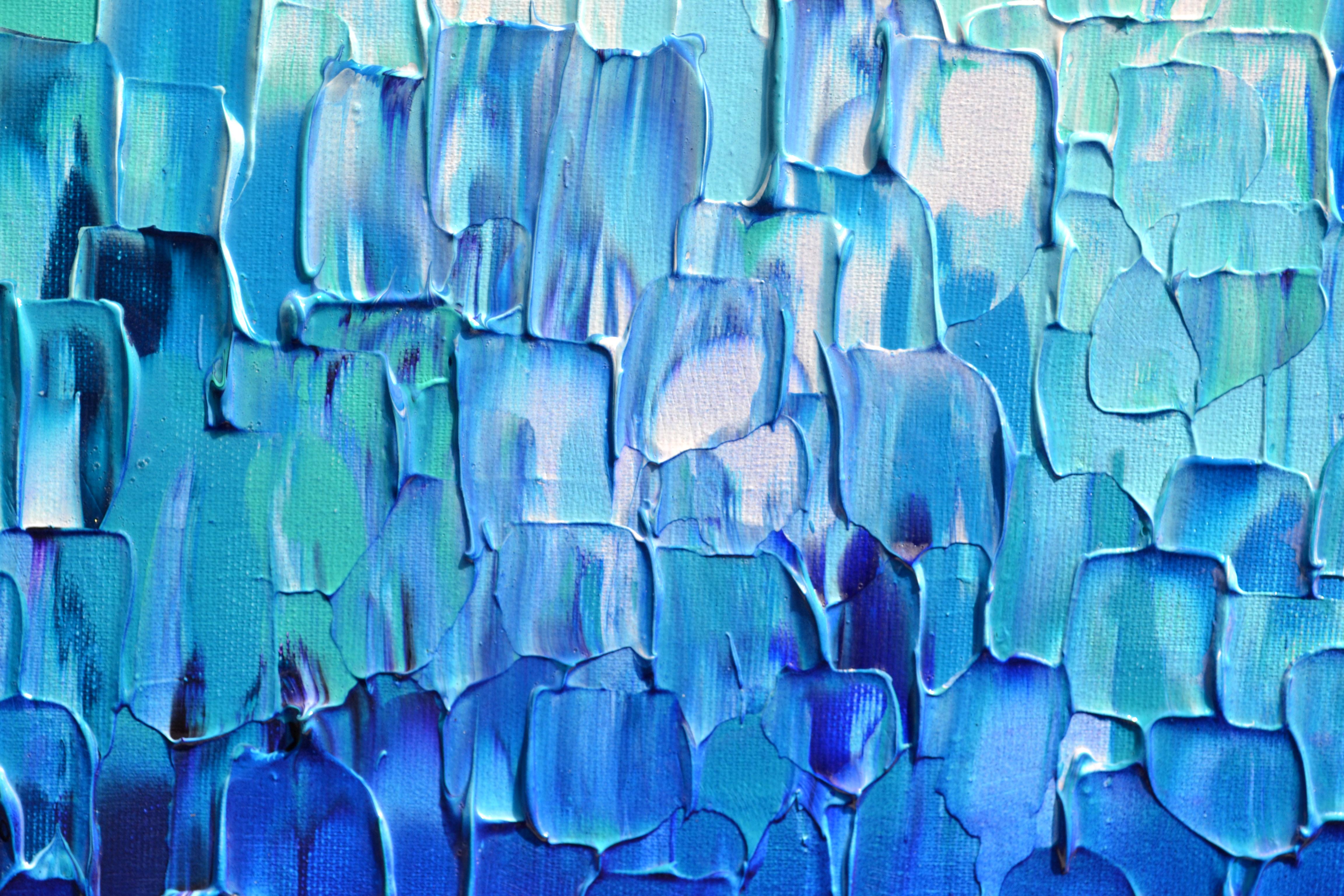 Couteau à palette bleu abstrait en relief 24 - Grande peinture texturée océanique en vente 4