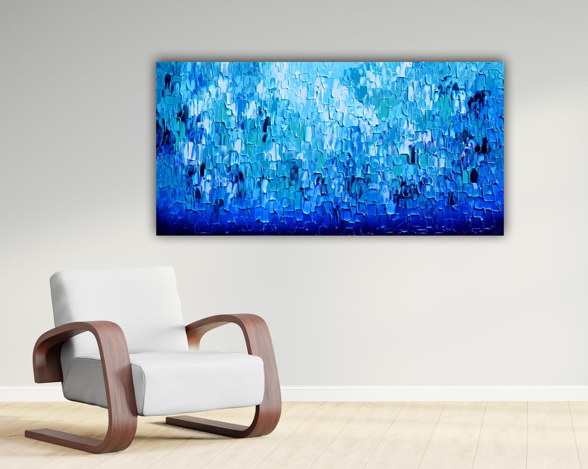 Couteau à palette bleu abstrait en relief 25 - Grande peinture texturée océanique - Painting de SOOS TIBERIU