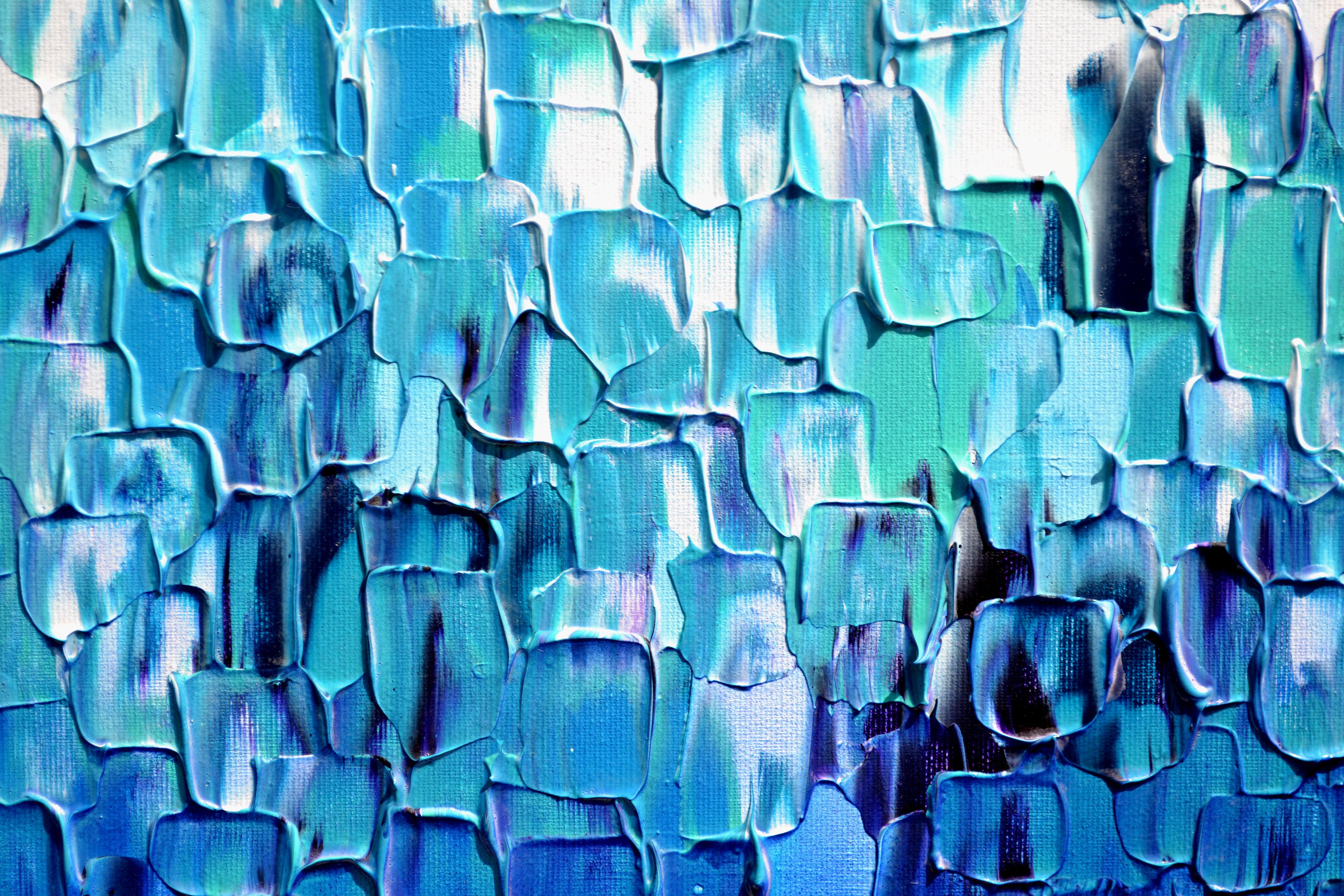 Couteau à palette bleu abstrait en relief 25 - Grande peinture texturée océanique en vente 3