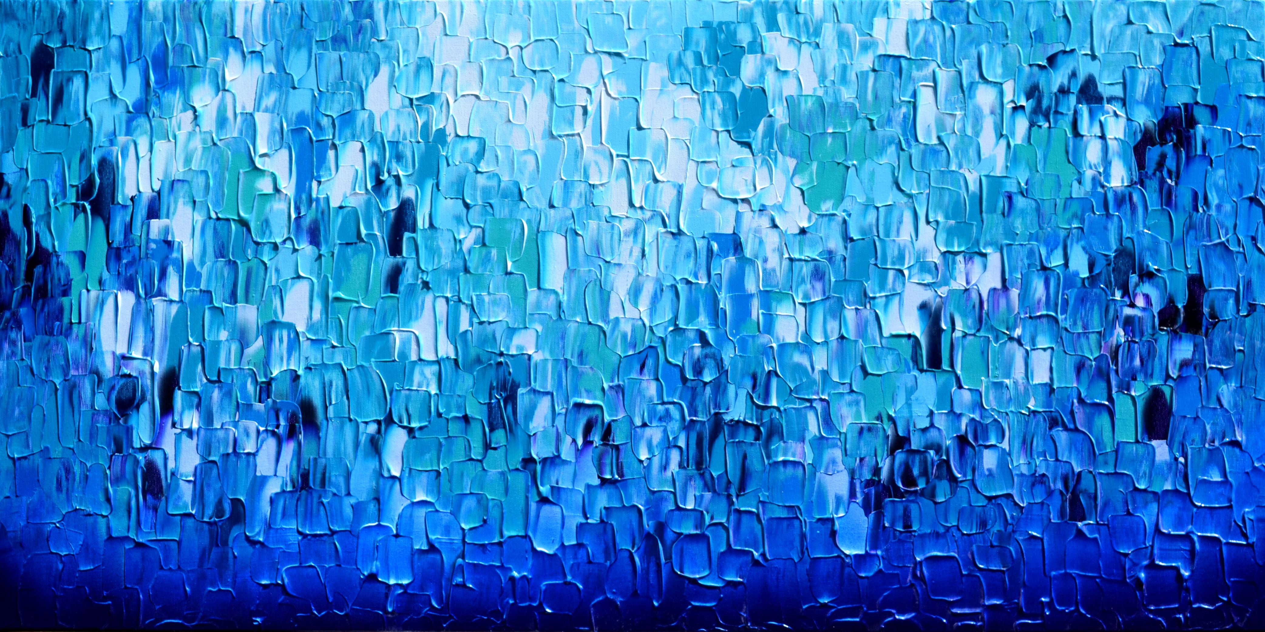 Couteau à palette bleu abstrait en relief 25 - Grande peinture texturée océanique