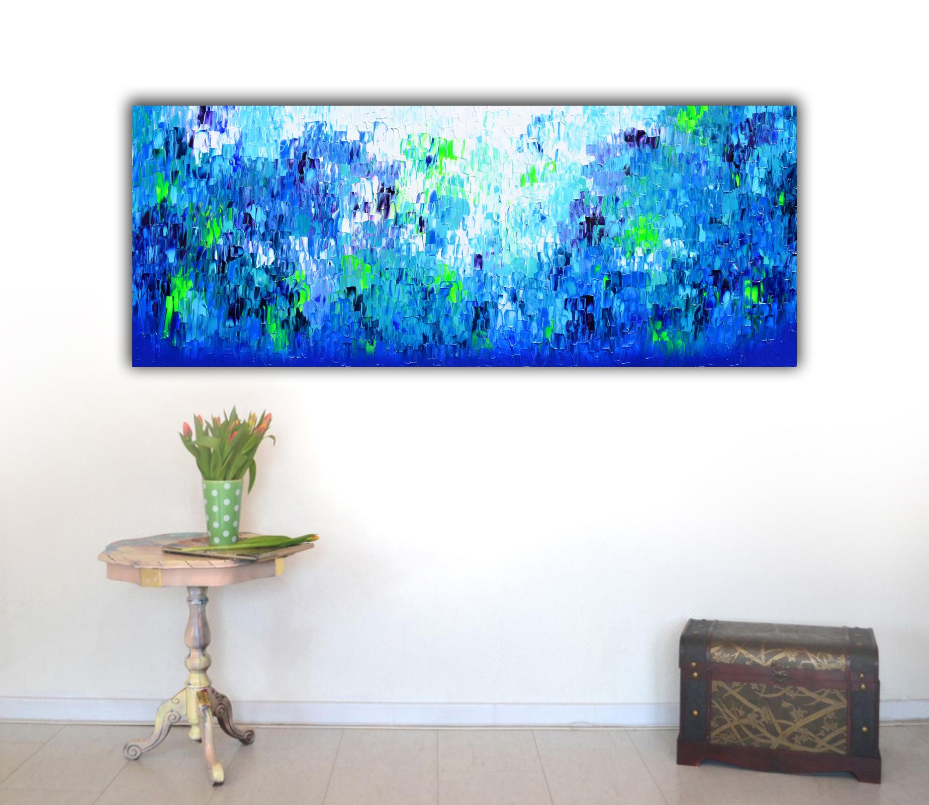 Elevate your space with this large original, gradient of blue, abstract painting! Made on stretched heavy canvas, the edges are painted for a polished look. The glossy varnish not only protects from UV and dust but also enhances the vivid acrylic