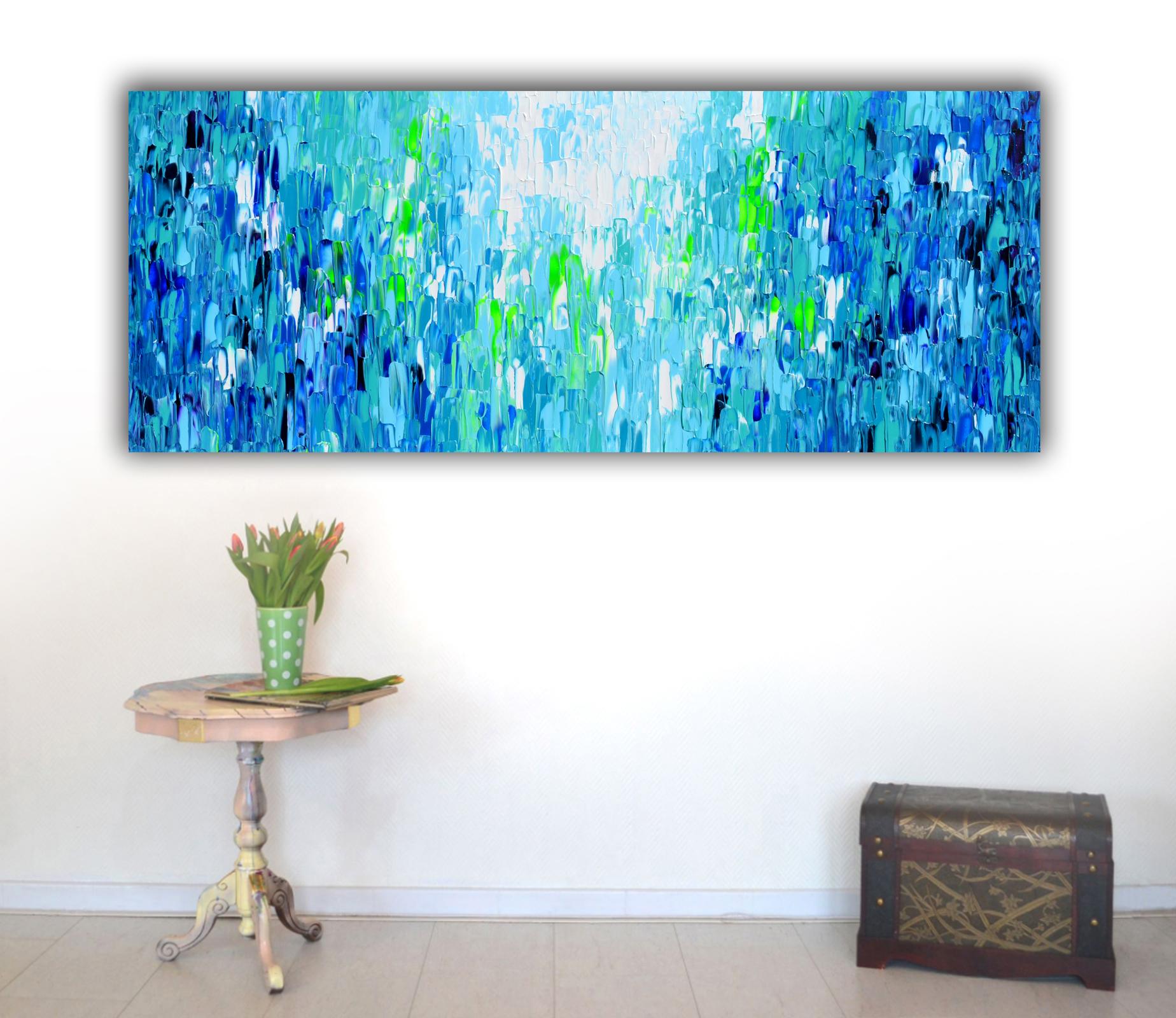 Elevate your space with this large original, gradient of blue, abstract painting! Made on stretched heavy canvas, the edges are painted for a polished look. The glossy varnish not only protects from UV and dust but also enhances the vivid acrylic