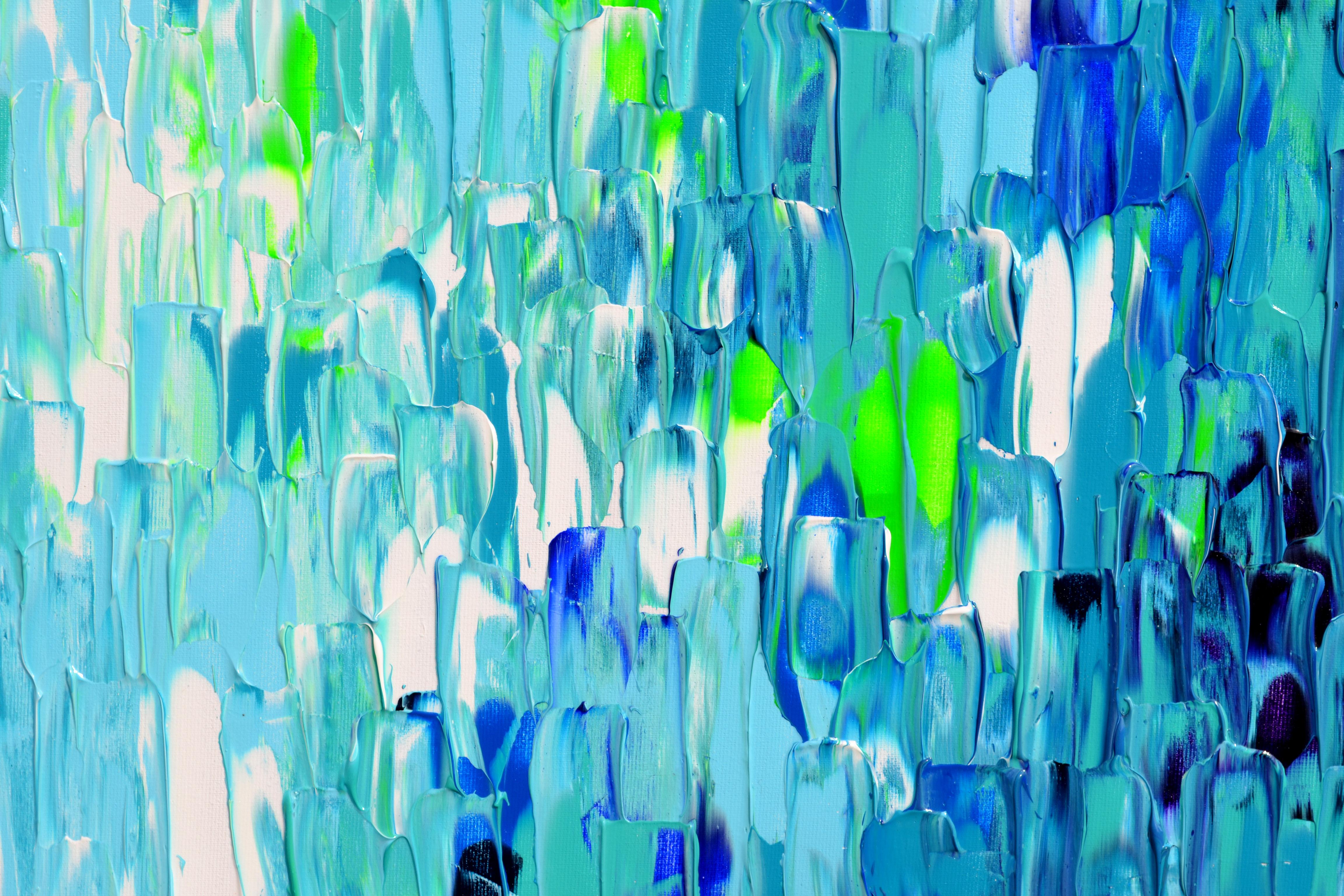 Couteau à palette bleu abstrait en relief 9 - Grande peinture texturée océanique en vente 2