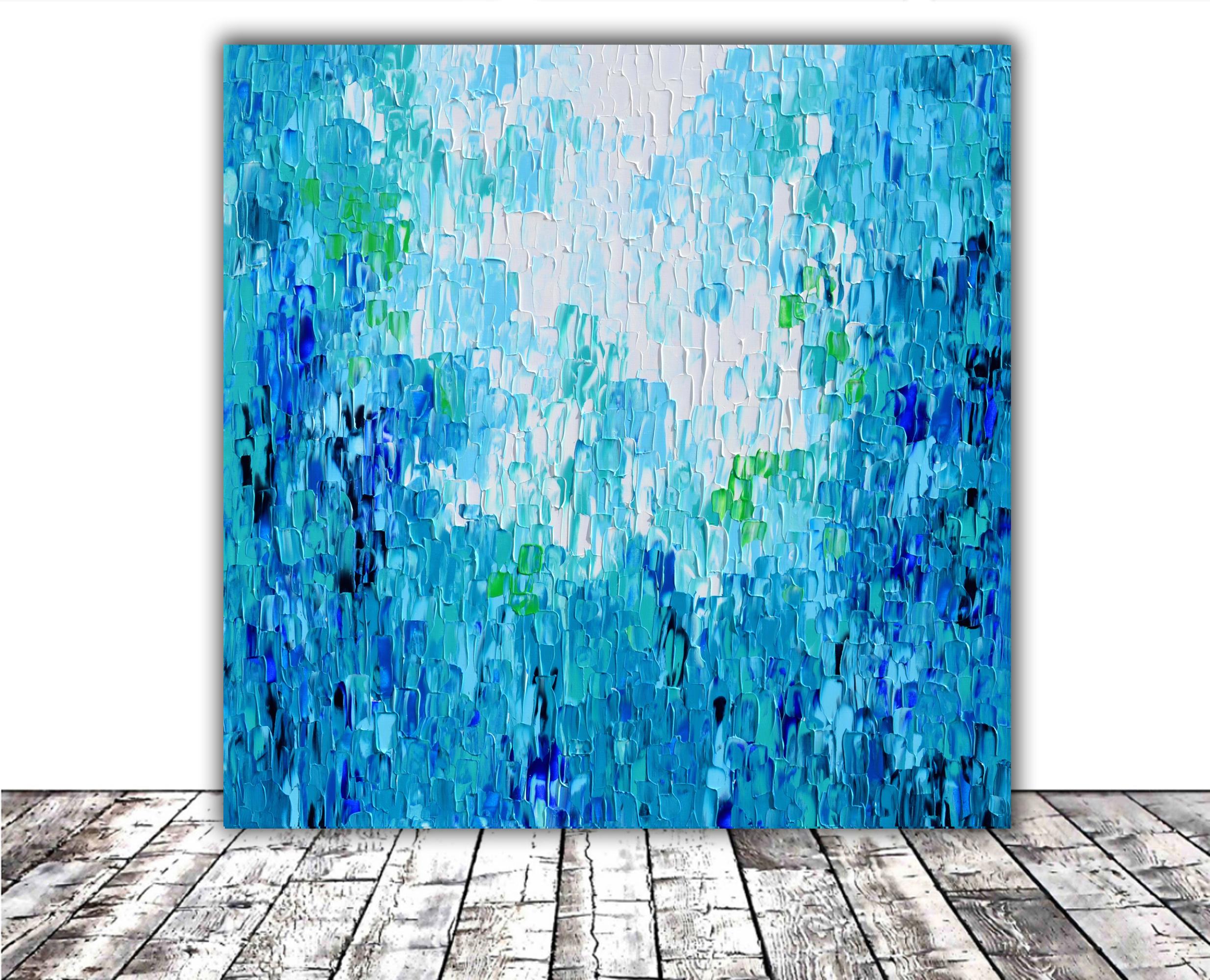 Elevate your space with this large original, gradient of blue, abstract painting! Made on stretched heavy canvas, the edges are painted for a polished look. The glossy varnish not only protects from UV and dust but also enhances the vivid acrylic