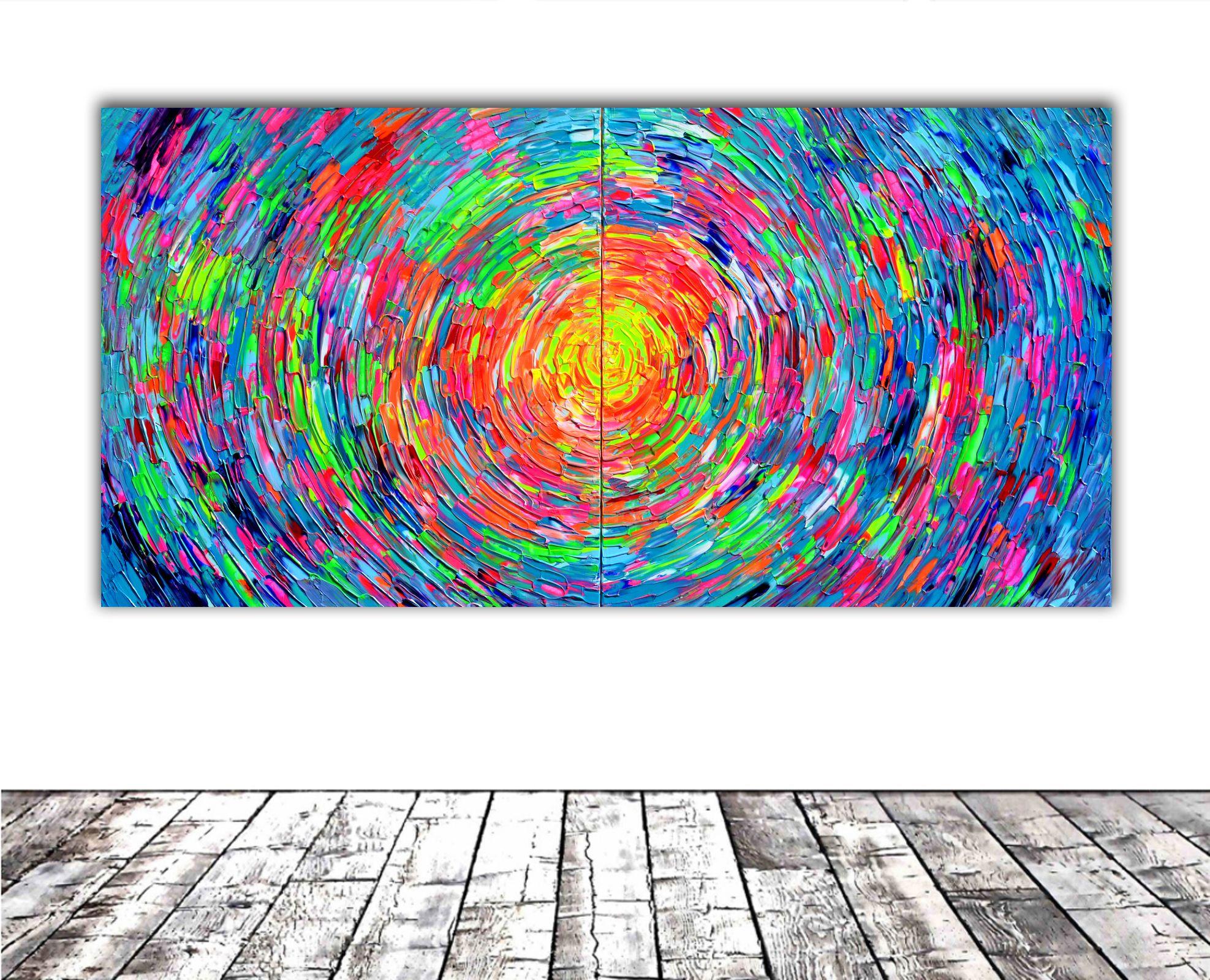 READY TO HANG - Diptych - GALLERY QUALITY  Vibrant, vivid, dynamic, bold large colourful abstract painting - some neon nuances could not be caught by the camera.  Dimensions: 200x100X4 cm - 78.8x39.4x1.6 inches; 2 PCS of 100x100x4 cm or