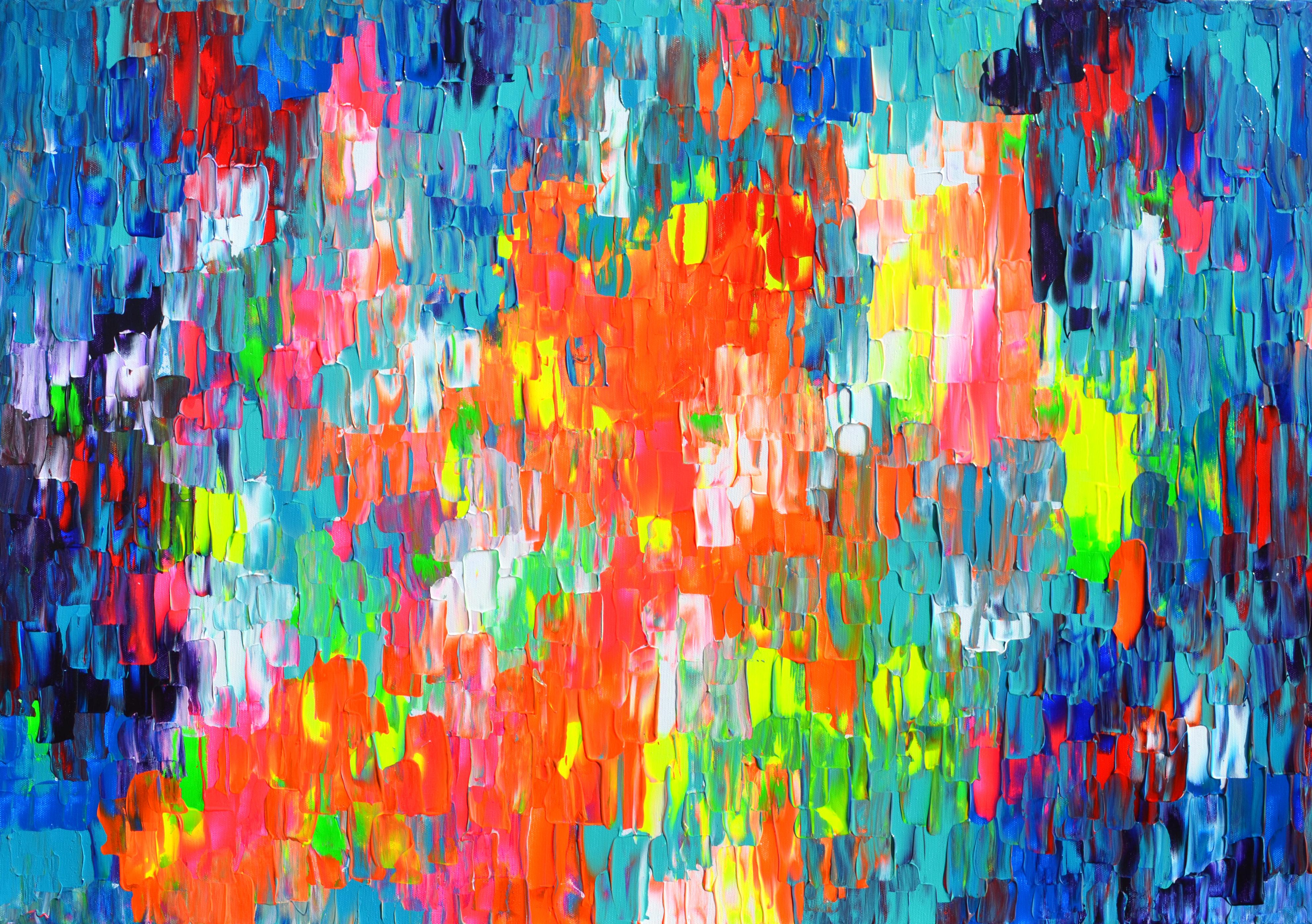 READY TO HANG
The technique I used is: palette knife, professional varnished acrylic pigments, neon acrylics on stretched canvas. At the end I covered with a glossy coat of varnish, to protect it against UV and dust.
I used a decorative relief
