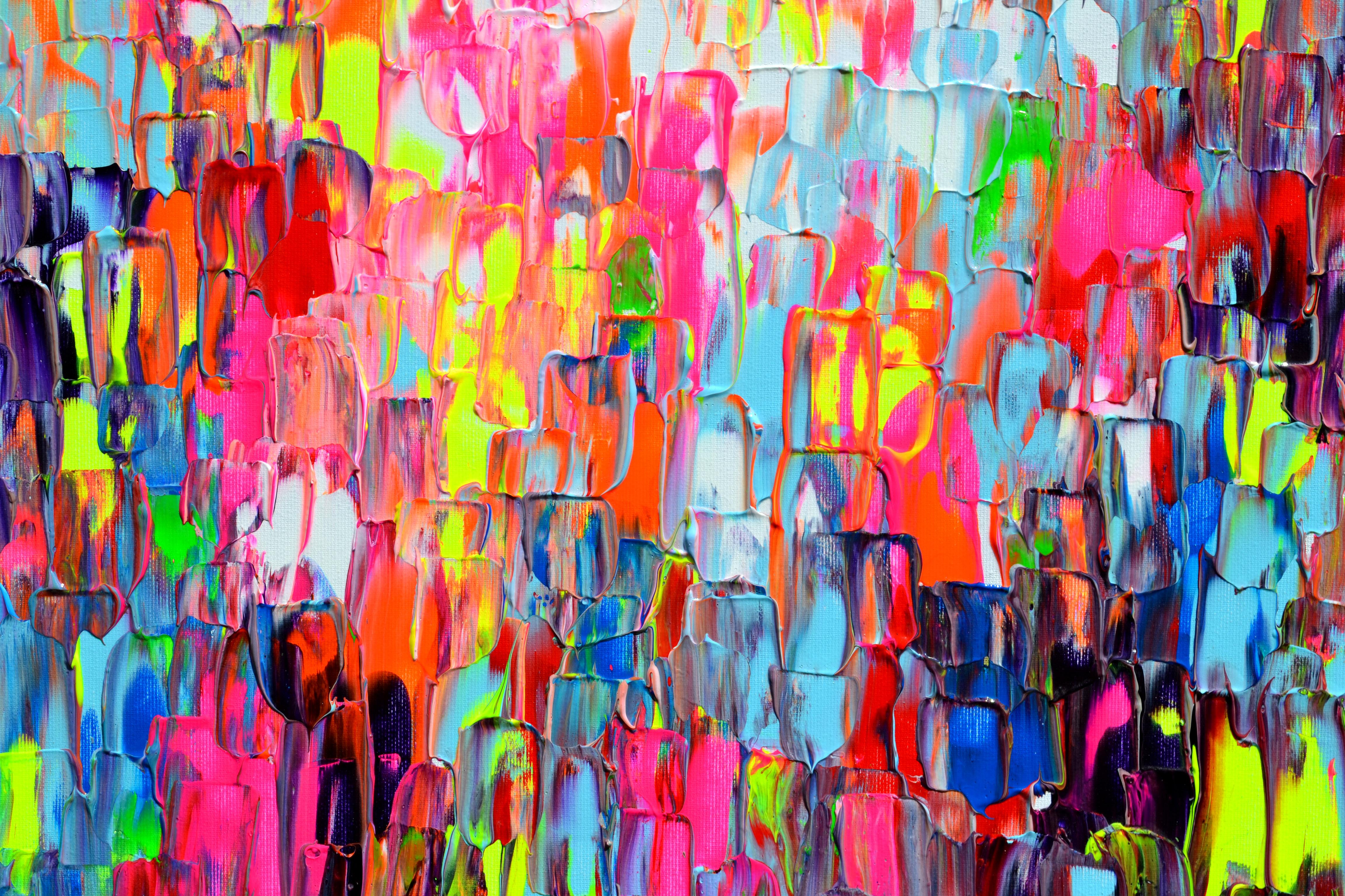 READY TO HANG
The technique I used is: palette knife, professional varnished acrylic pigments, neon acrylics on stretched canvas. At the end I covered with a glossy coat of varnish, to protect it against UV and dust.
I used a decorative relief